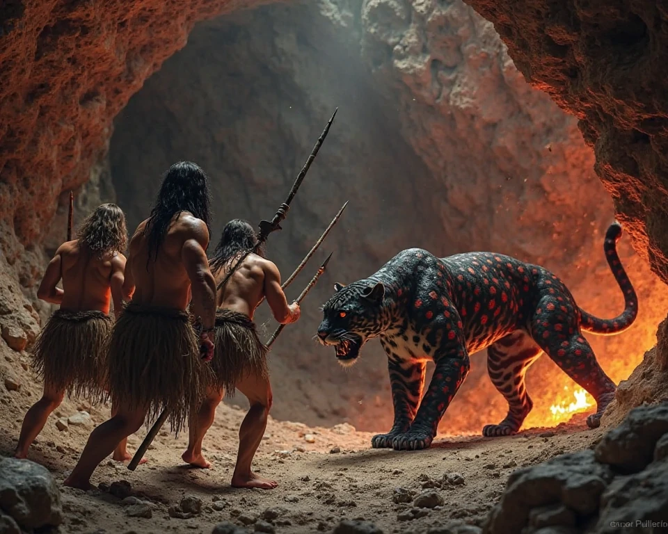 A jaguar being roasted in the middle of the forest, tied to a stick on top of the fire made of wood