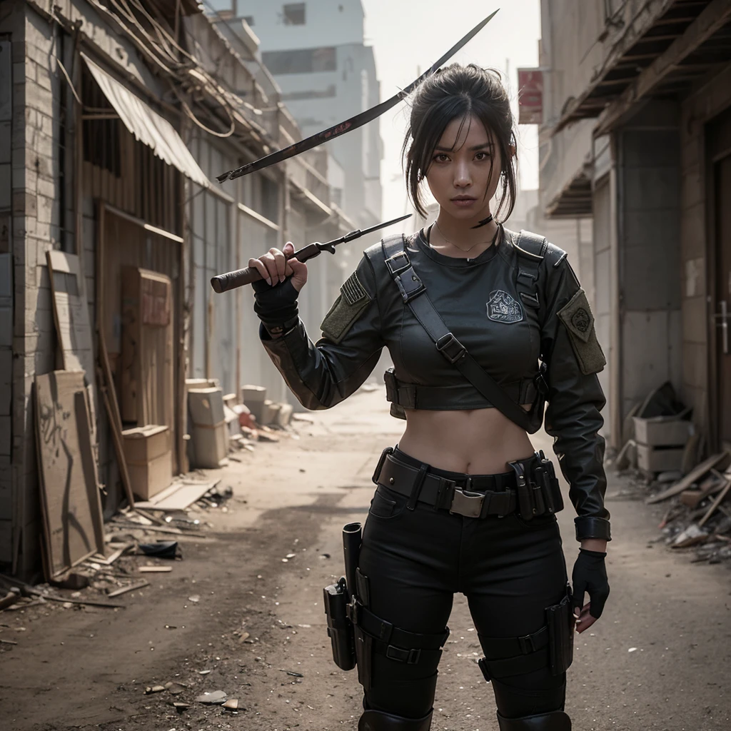 a young_woman, detailed, postapocalyptic armor, (in battle, war), short hair, (((full body:1.3))), Photorealistic, Hyperrealistic, Hyperdetailed, analog style, detailed skin, matte skin, soft lighting, subsurface scattering, realistic, heavy shadow, masterpiece, best quality, ultra realistic, 8k, golden ratio, Intricate, High Detail, film photography, soft focus, RAW candid cinema, 16mm, color graded portra 400 film, remarkable color, ultra realistic, textured skin, remarkable detailed pupils, realistic dull skin noise, visible skin detail, skin fuzz, dry skin, shot with cinematic camera