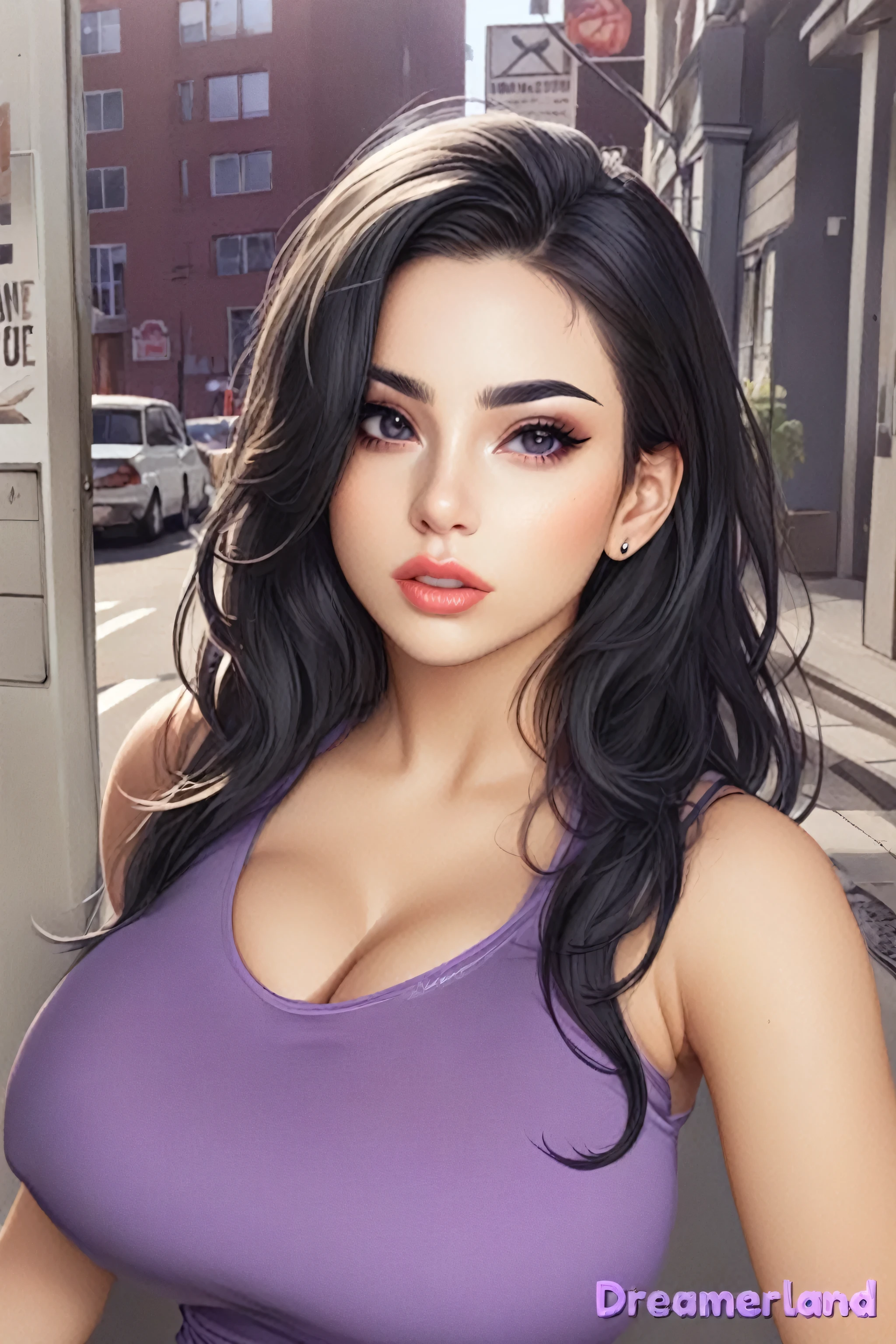 (perfect face), black hair, long hair, black eyebrows, (natural eyebrows), black eyes, black eyeliners, nose, lips, thick lips, parted lips, large breasts, (tank top), (purple tank top), ((looking at viewer))