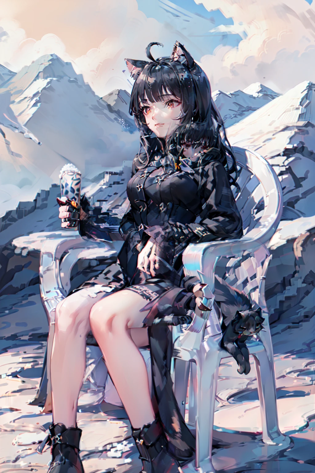 Highly detailed, High Quality, Masterpiece, beautiful, (((cat girl, cat ears)), (red eyes), (long hair), (( black hair, (Ahoge), straight bangs,)), ropa negra, ,motivatedchair, detailed, street scenery, stage and background in a snow landscape, up on an ice mountain, snow particles, snow
