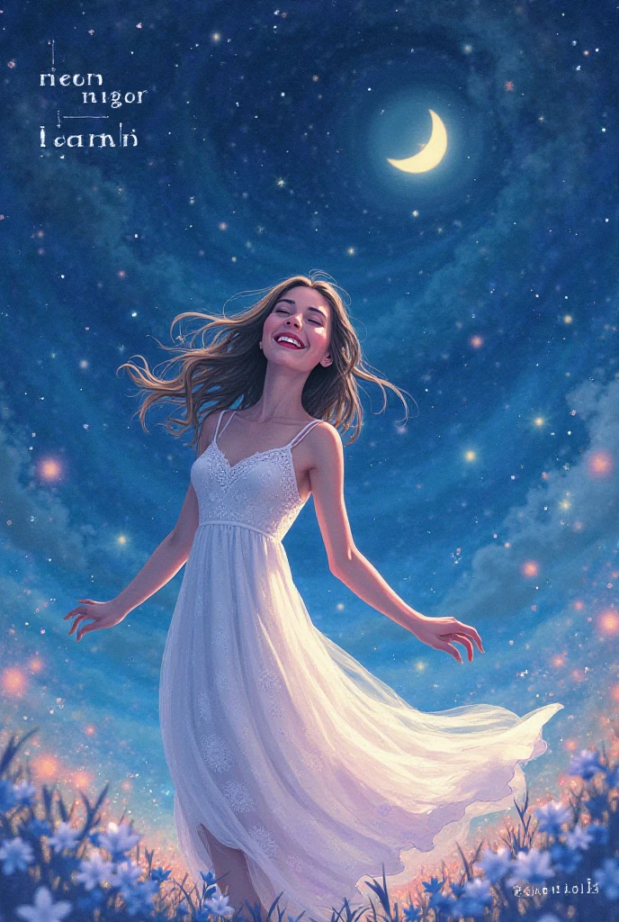 painting of a cheerful girl in a white simple dress, frivolously sits on a white cloud, stars, dreamily, dark atmosphere, cinematic scene, volumetric lights, ultra realistic, in the style of nicola samori