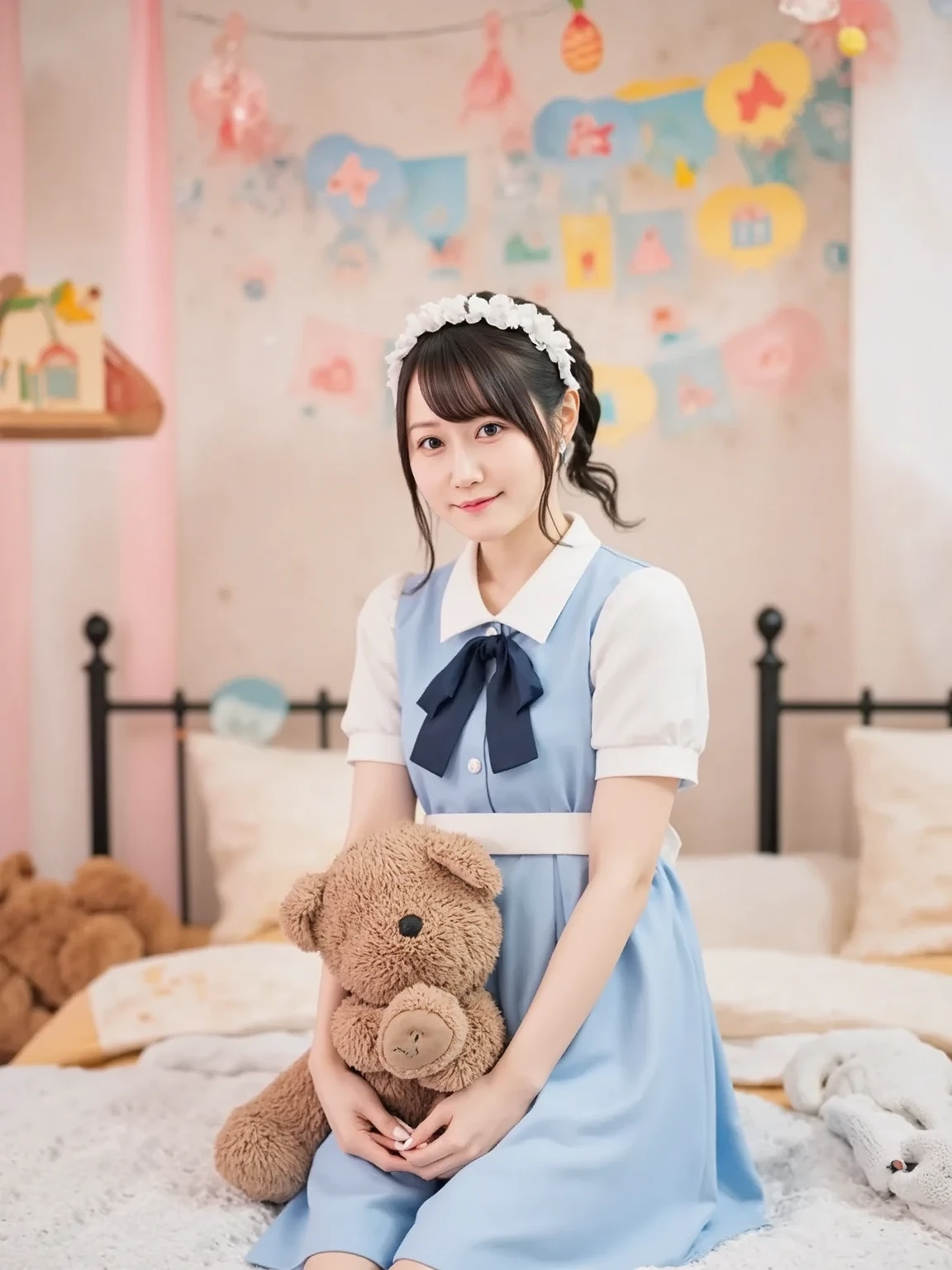 (Best-quality, Masterpiece, Ultra-High-Resolution, (Photorealistic:1.4), Raw Photo, depth of field, professional lighting, perfect anatomy, extremely details), 1girl, 12-years-old, the most famous Japanese idol, cowboy shot, ((In Adorable room, Adorable decor, detailed Adorable-room, detailed Adorable-decor)), (((wearing cute-lacy childish-clothes with cute-design, (upturned childish-ass))), (extremely cute childish-face, (extremely cute and extremely big childish-eyes), extremely cute childish-skins), extremely cute childish-hair, extremely cute childish-eyelashes, extremely cute childish-lips, extremely cute childish-body, looking at viewer, innocent smile, dynamic pose