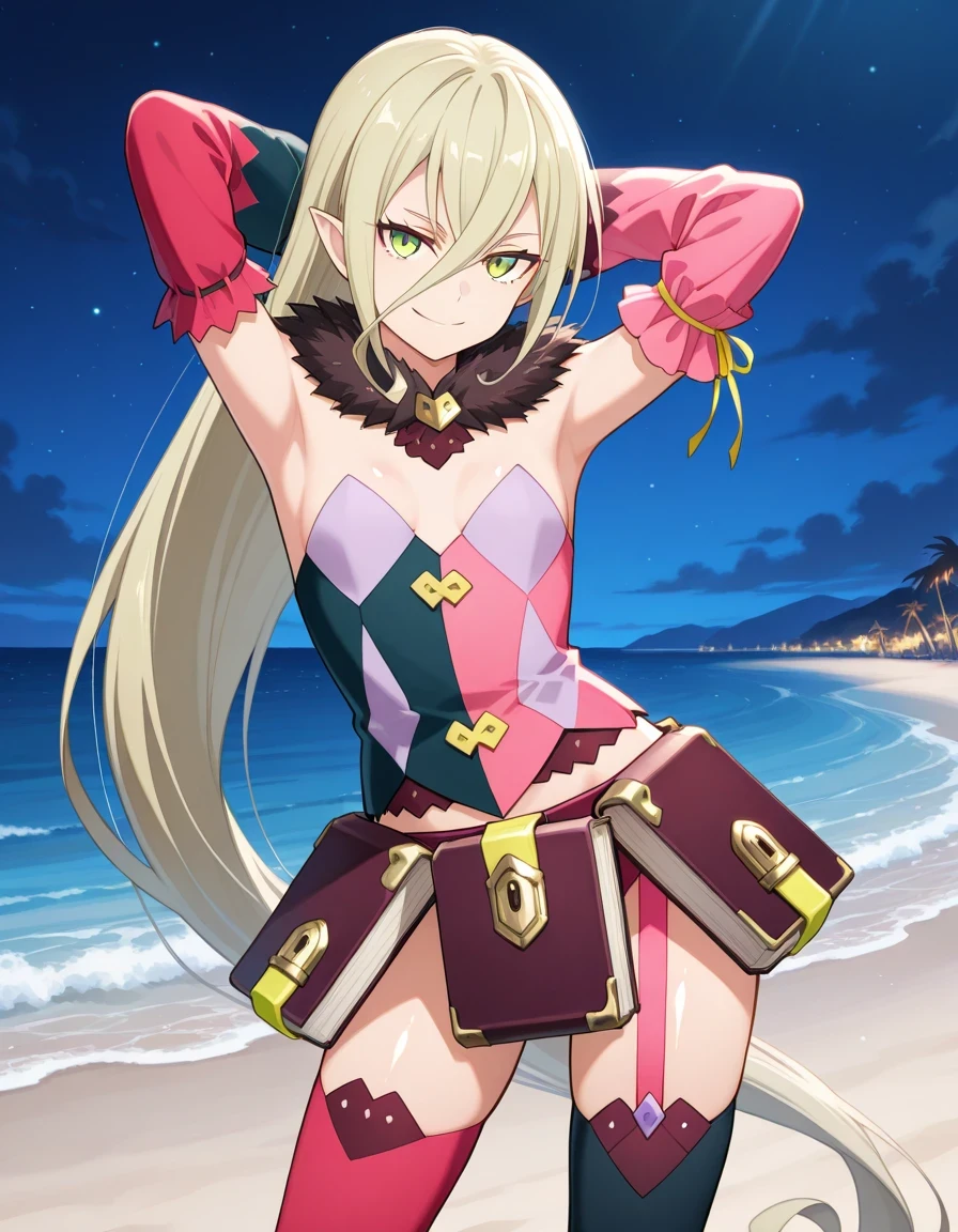 M4gil0u, green eyes, pointy ears, blonde hair, very long hair, hair between eyes, fur collar, multicolored vest, strapless, detached sleeves, mismatched sleeves, book skirt, asymmetrical legwear, thighhighs, garter straps, anime screenshot, shiny skin, high quality, solo, night sky, beach, hands behind head, ((contrapposto)), closed mouth, cowboy shot, looking at viewer, smile, best quality