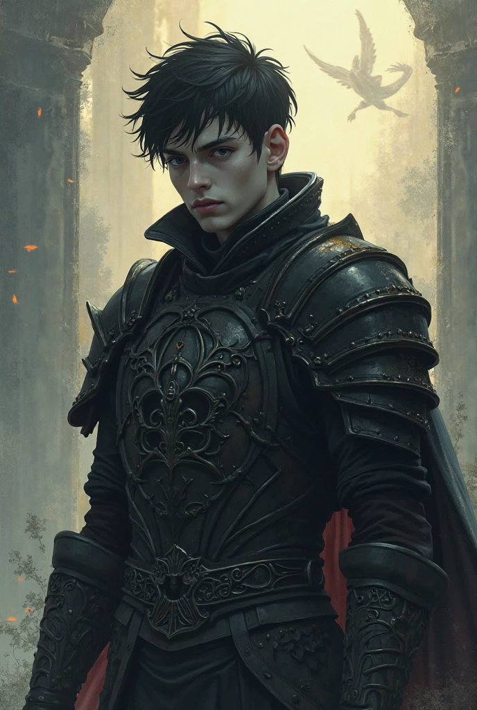 A young man, (((独奏))), (25 years, pale skin, ah high, pale skin, round face, square jaw, completely red eyes, Short black hair, Hit, thick eyebrow), Stern face, bare breast, On the chest is a silver spider-shaped pendant, (He's a dark magician, wears a costume of long fabric, green and black colors, with silver shoulder pads and bracelets), (he is bleeding, A fist hits him in the chest, Victory over abstinence, with a rosary in hand, in an ancient city, with white marble structures, with a rose garden in the background, grey sky, a closeup of a, medieval fantasy), (It conjures up green energy around it)