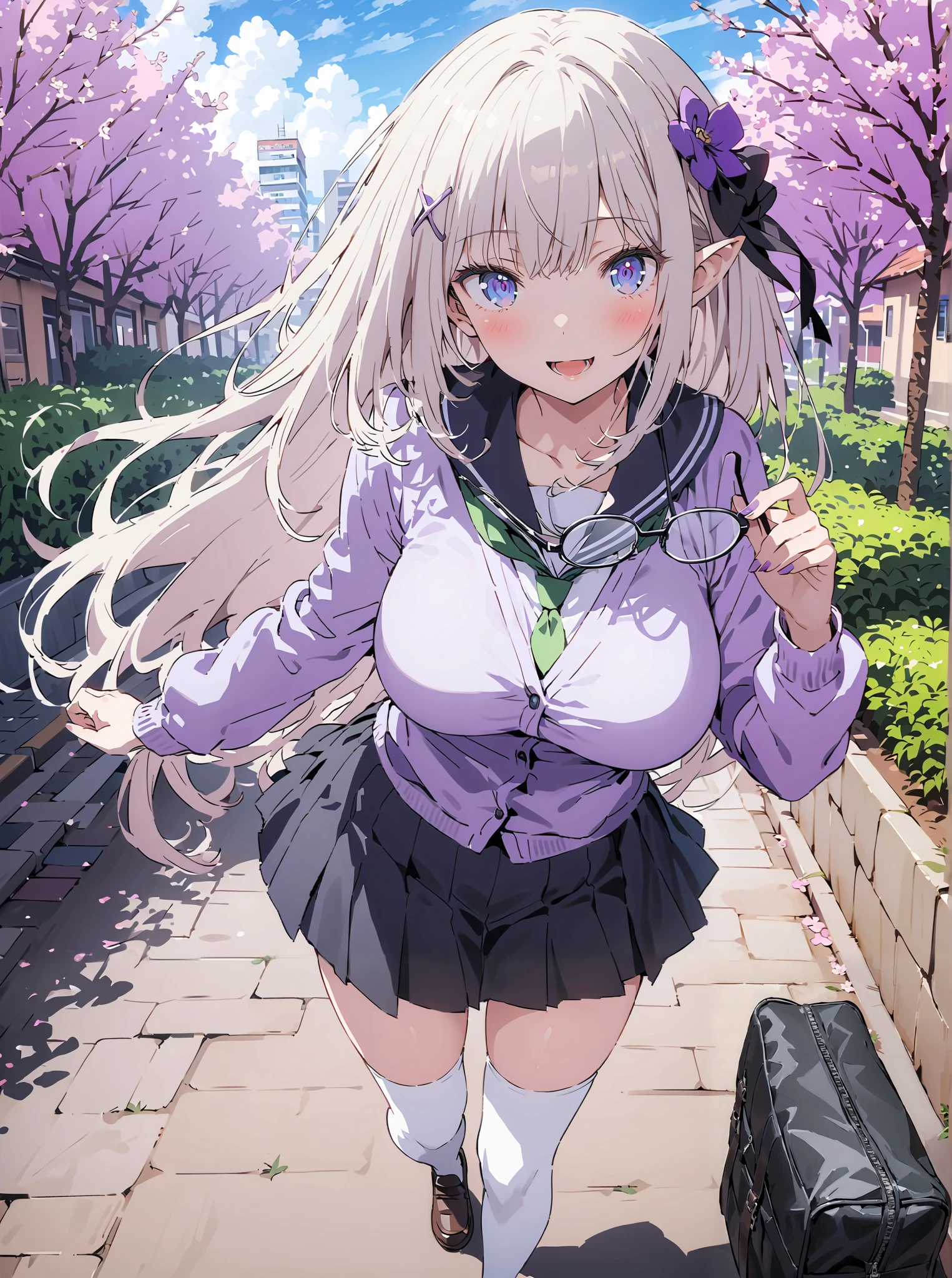 score_9, score_8_up, score_7_up, source_anime, Emilia,Alone, knitting glasses, crown knitting glasses, flower, hair flower, hair ornaments close to the garden, hair bow, long hair, pointed ears,smile,blush,open your mouth,Glasses, purple eyes, white hair, x hair ornaments close to the garden, big breasts,Black sailor suit,purple cardigan, Long Sleeve, black mini pleated skirt ,white thigh high socks,loafers,School bag,Walking,morning,Beautiful cityscape,cherry blossoms,full bodyがイラストに入るように, break outdoors, residential area,
break looking at viewer,full body,
break (masterpiece:1.2),Best Quality , kampala, Unity 8K Wallpaper ,(shape:0.8),( fine, beautiful eyes :1.6),It's a person ,full body写真,CG Details , (perfect hands, complete anatomy),,