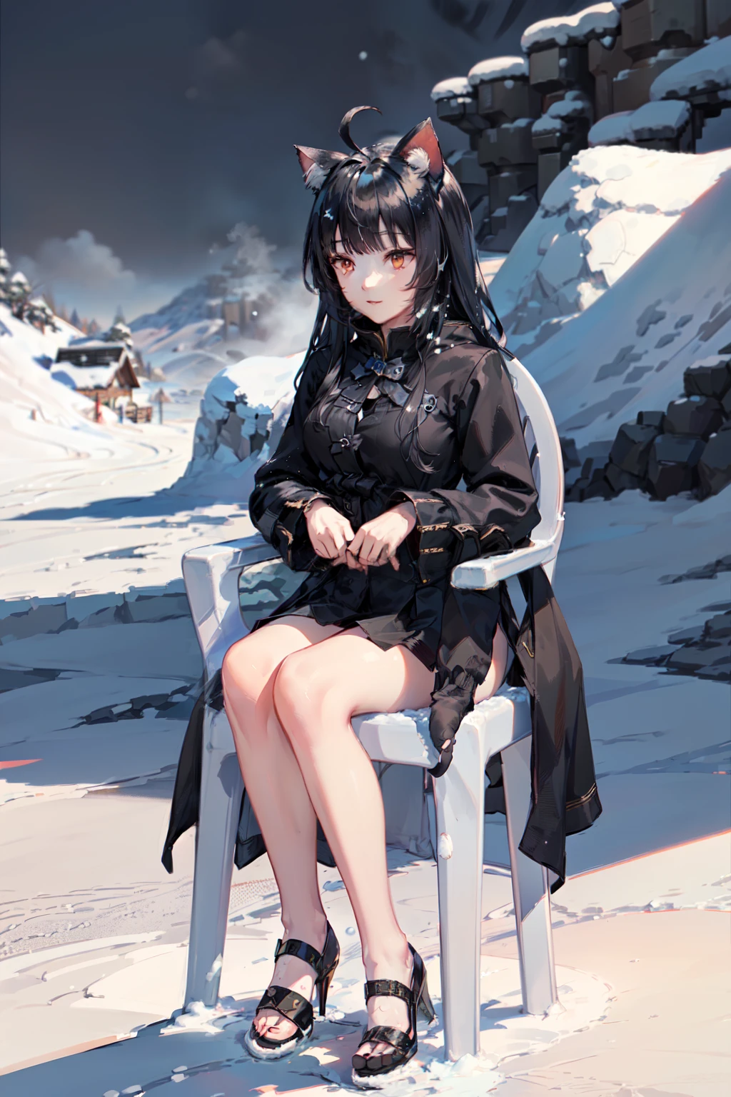 Highly detailed, High Quality, Masterpiece, beautiful, (((cat girl, cat ears)), (red eyes), (long hair), (( black hair, (Ahoge), straight bangs,)), ropa negra, ,motivatedchair, detailed, street scenery, stage and background in a snow landscape, up on an ice mountain, snow particles, snow