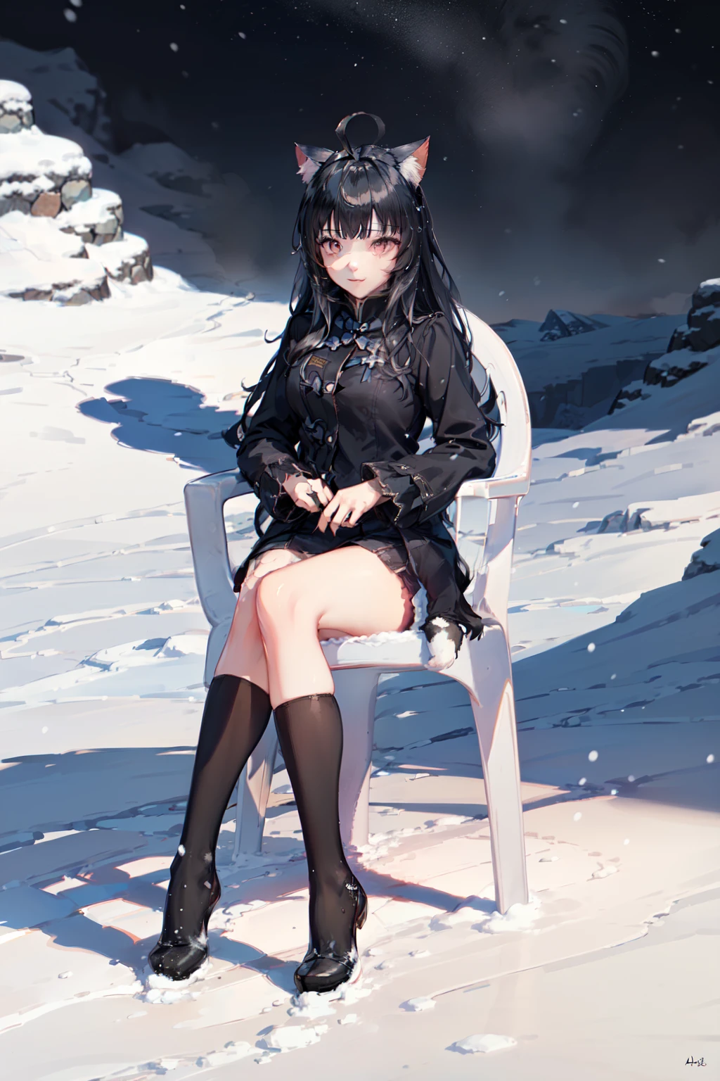 Highly detailed, High Quality, Masterpiece, beautiful, (((cat girl, cat ears)), (red eyes), (long hair), (( black hair, (Ahoge), straight bangs,)), ropa negra, ,motivatedchair, detailed, street scenery, stage and background in a snow landscape, up on an ice mountain, snow particles, snow
