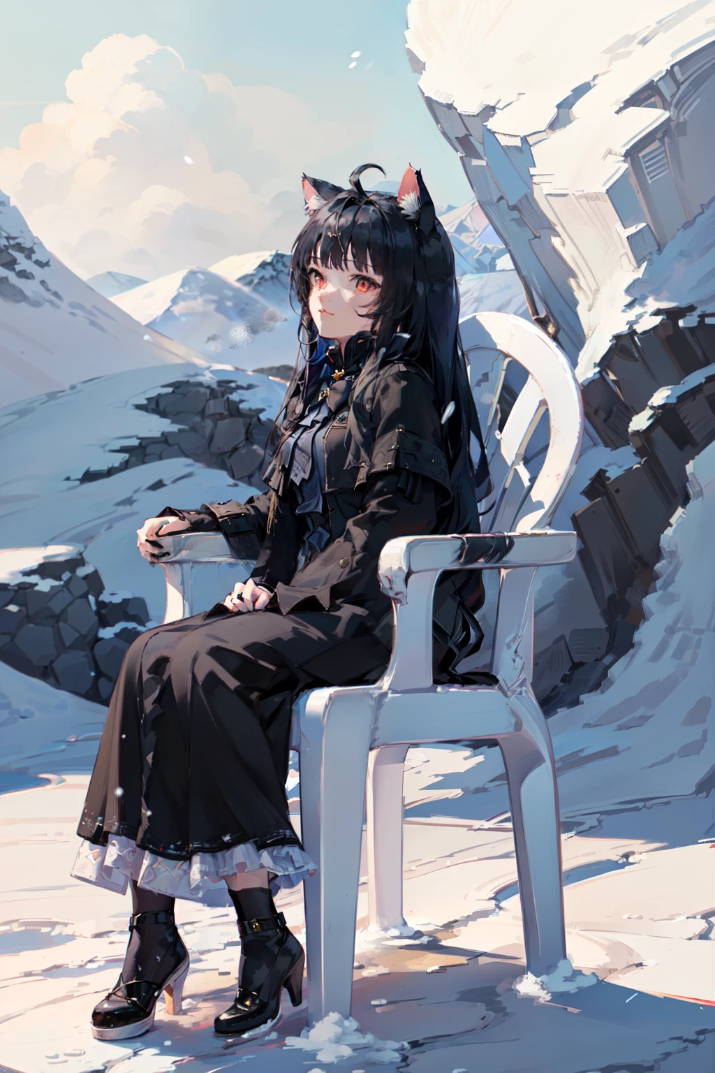 Highly detailed, High Quality, Masterpiece, beautiful, (((cat girl, cat ears)), (red eyes), (long hair), (( black hair, (Ahoge), straight bangs,)), ropa negra, ,motivatedchair, detailed, street scenery, stage and background in a snow landscape, up on an ice mountain, snow particles, snow