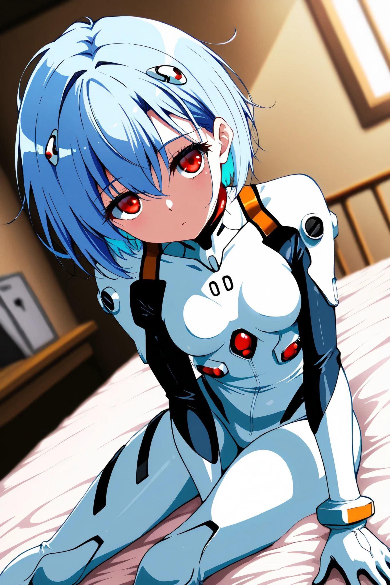 reia_kosu,1 female,solo,pretty,
rei_ayanami,
blue hair,red eyes,short hair,hair between the eyes,colored inner hair,
red eyes,big eyes,slant eyes,sleepy eyes,long eyelashes,beautiful eyes,
small breast,looking at viewer,
looking at the scenery,
bright_student,plug suit,bodysuit,white bodysuit,pilot suit,rhinoceros ensfiction,
,
beautiful legs,thin thighs,thin calves,
nallow waist,dutch angle,
perfect face,beautiful skin,
anatomically correct,
anime,masterpiece,highest quality,
high resolution,high definition,
ultra-detailed,blurred background,
indoors,on bed,bed room