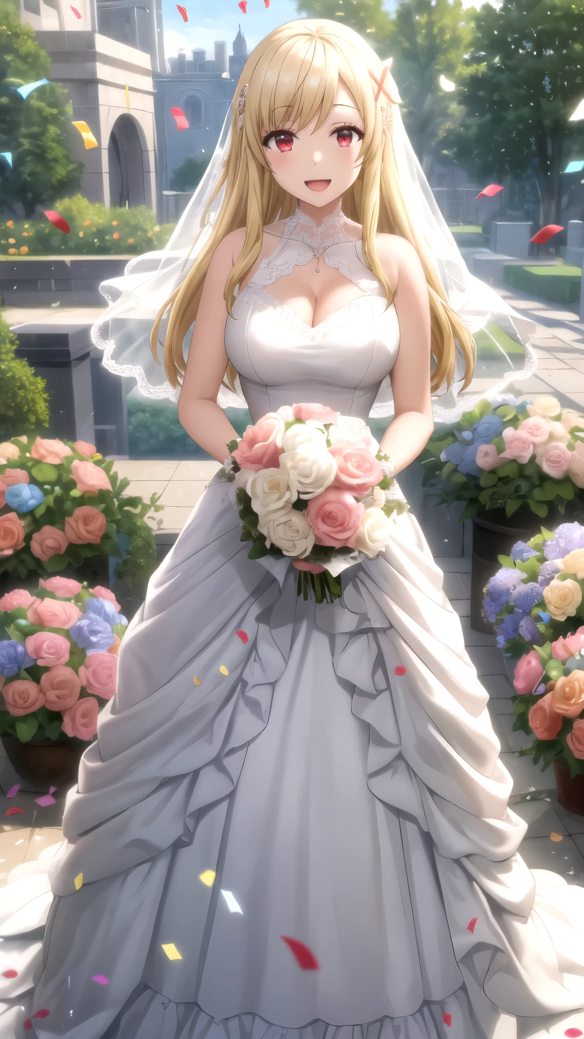 Masterpieces, Best Quality, girl, looking at viewer, yamada_yellow, blonde hair, solo, long hair, hair ornament, x hair ornament, red eyes, large breasts, wedding Dress, standing, garden, confetti, holding bouquet, smile, open mouth