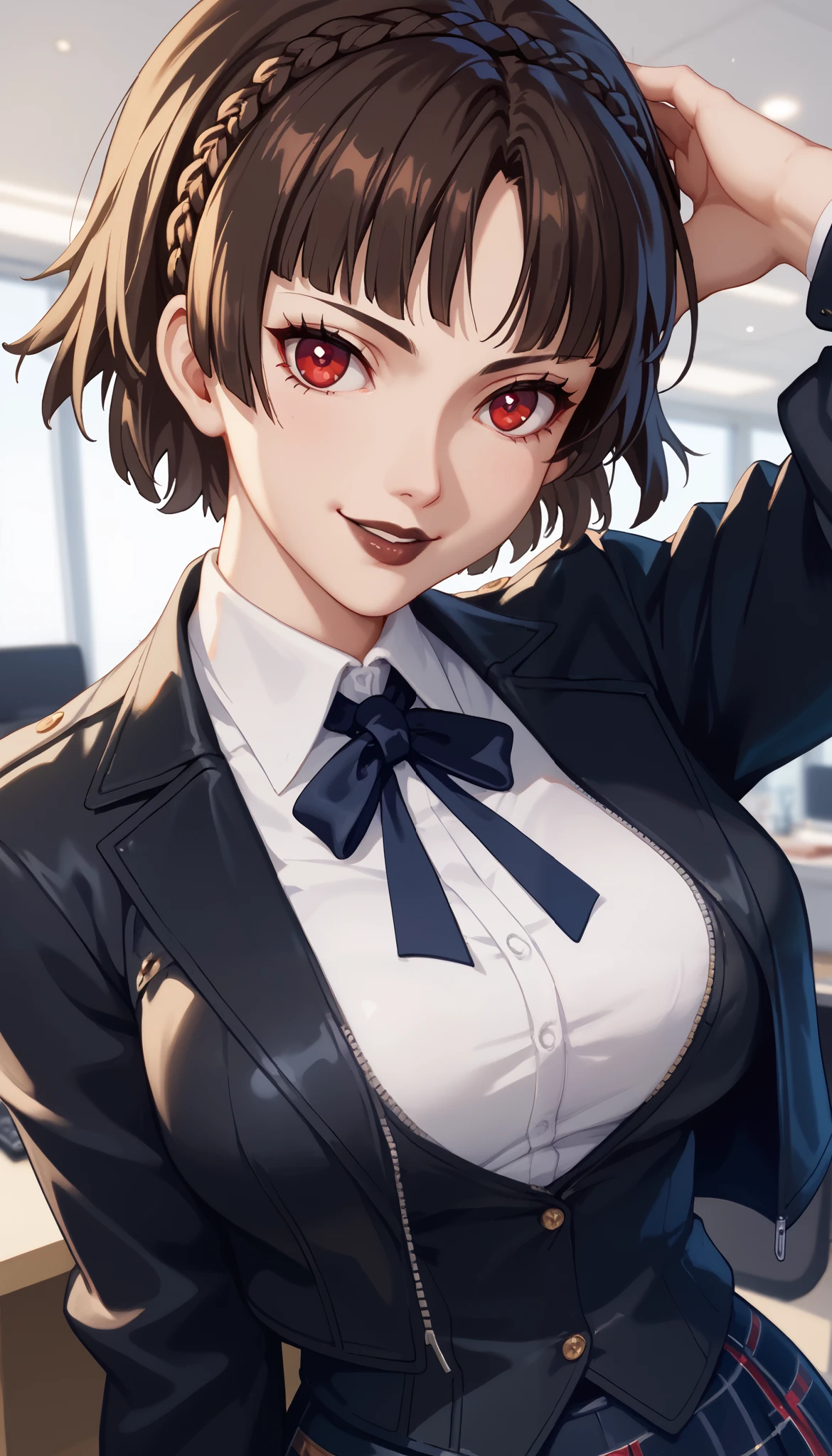 (((Perfect figure,figure,solo,white and soft skin,(((Makoto niijima Office uniform clothes, black jacket ))),((Makoto niijima, short hair, black hair, bright red pupils, brown lipstick)),high resolution, ((Best quality in the best)),masterpiece,quality,Best quality,(( Beautiful facial features,Looking at the viewer,There is light in the eyes,(((Smile,believe (self))),)),型figure:1.7),(((Light and shadow,Big breasts)),(((Looking at the camera))