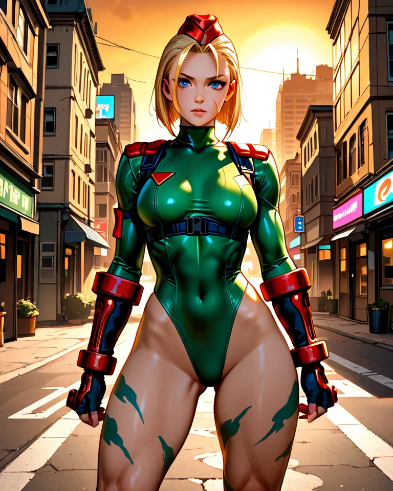 ((best quality)), ((masterpiece)), ((ultra realistic)), american blonde, beautiful detailed face, detailed eyes, sexy us military officer, us army officer, city backdrop, neon edge lighting, highly detailed, professional, dressed in a green and white leotard, neon edge lighting, highly detailed, professional, bare legs, full body, medium hair, bob hair, knee boots, long sleeves, standing, full body, medium hair, bob hair, solo, green eyes, direct light