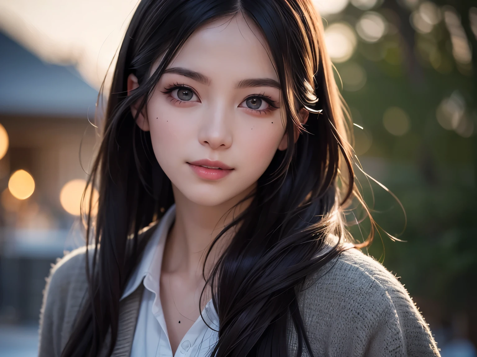 woman posing for a photo, Laugh, Happy, Long hair, Straight hair, finely detailed skin, During the day, A hot summer day, Nature lighting, detailed face:1.2, sharp focus, Hasselblad photography, masterpiece, Light makeup, cinematic lighting, 4k, best quality