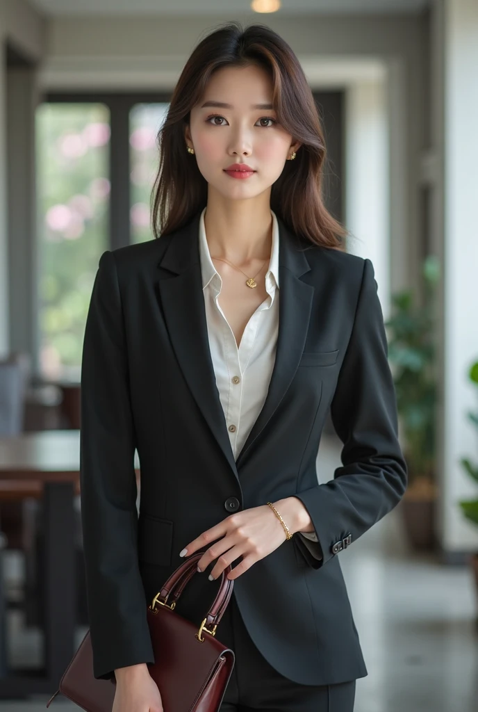 (Super detailed, Realistic, Highest quality, 4K, 8K, High resolution, masterpiece:1.3), Stunning young woman, Exudes confidence and professionalism, Sophisticated, Modern Office, she長い間, Flowing brunette hair and striking blue eyes, she、Accentuate your hourglass figure、Over a fitted white button-down shirt、She is wearing an elegant and classically tailored black blazer.。, Her outfit is a tight knee-length black pencil skirt., そしてshe黒のスティレットヒールでこのルックを完成させた, she最小限の, Sophisticated腕時計や繊細なイヤリングなどの豪華なアクセサリー, Her makeup is perfect, Enhance her natural beauty with professional techniques, she革張りのポートフォリオを持っている, Emphasize your role as a competent business professional, The office atmosphere is bright and stylish., Featuring large windows offering natural light and modern furnishings., The scene captures her poise and commanding presence., It reflects her strategic and analytical abilities., (Exquisite detail, Very finely crafted needles, Very finely crafted fingers, Full-body showcase, Show your whole body),