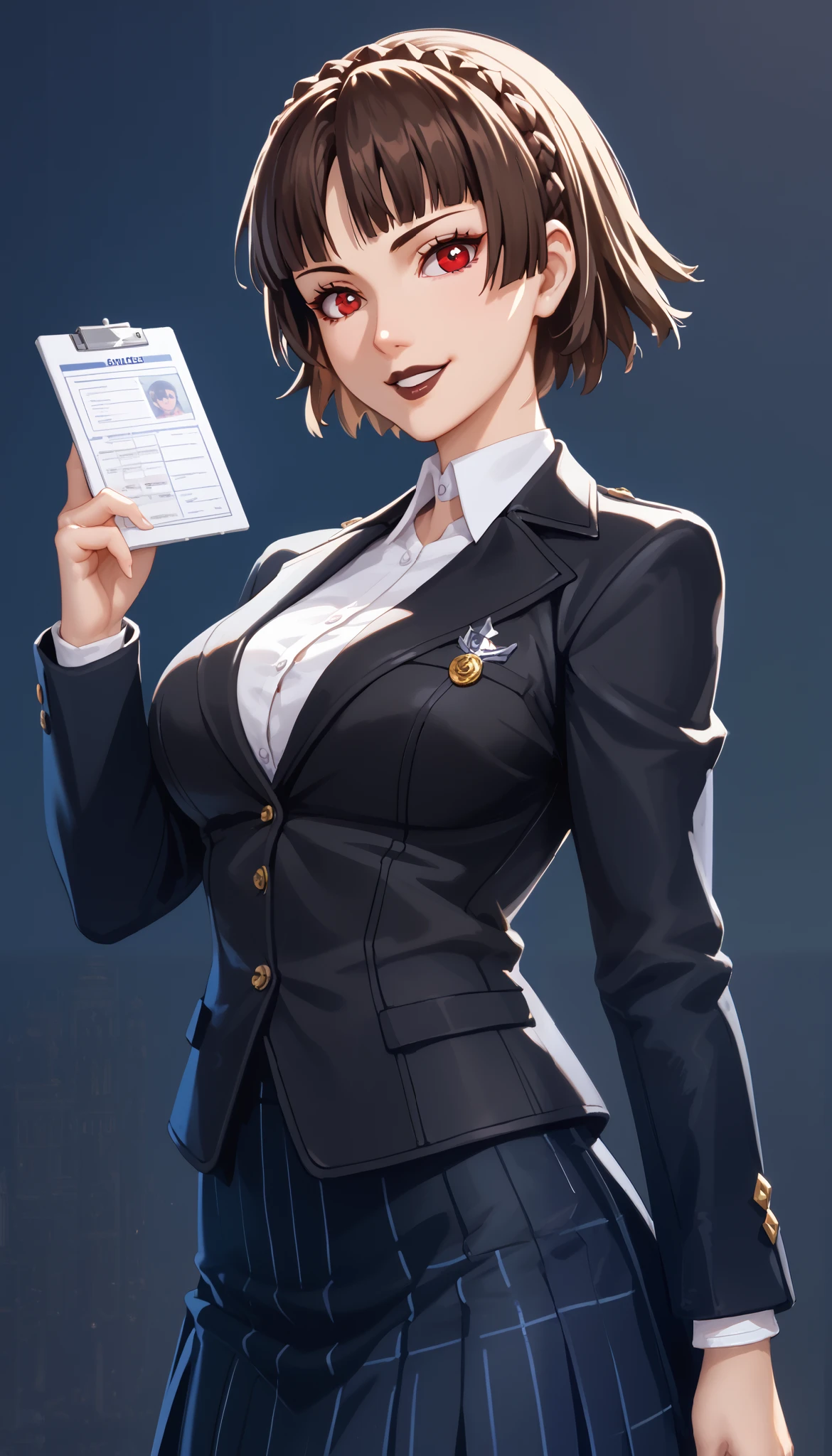 (((Perfect figure,figure,solo,white and soft skin,(((Makoto niijima Office uniform clothes, black jacket ))),((Makoto niijima, short hair, black hair, bright red pupils, brown lipstick)),high resolution, ((Best quality in the best)),masterpiece,quality,Best quality,(( Beautiful facial features,Looking at the viewer,There is light in the eyes,(((Smile,believe (self))),)),型figure:1.7),(((Light and shadow,Big breasts)),(((Looking at the camera))