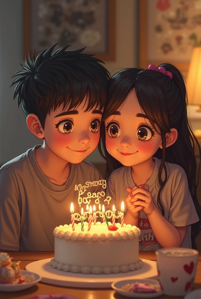 ((((((Little girl and little boy))), the anime, ( Green eyes), (black hair), Nice face, ssmile, hair up to the shoulders, straight hair, square, (((morena))), ((tmasterpiece, beste-Qualit)), illustartion, Ультра деталпазированная 8k, Photorealistic, sharp-focus, higly detailed, Professional lighting, casual wear, gala wear, Family celebration, birthday party, a cake, candle lights, table with food, Guests, children , taw, Gifts