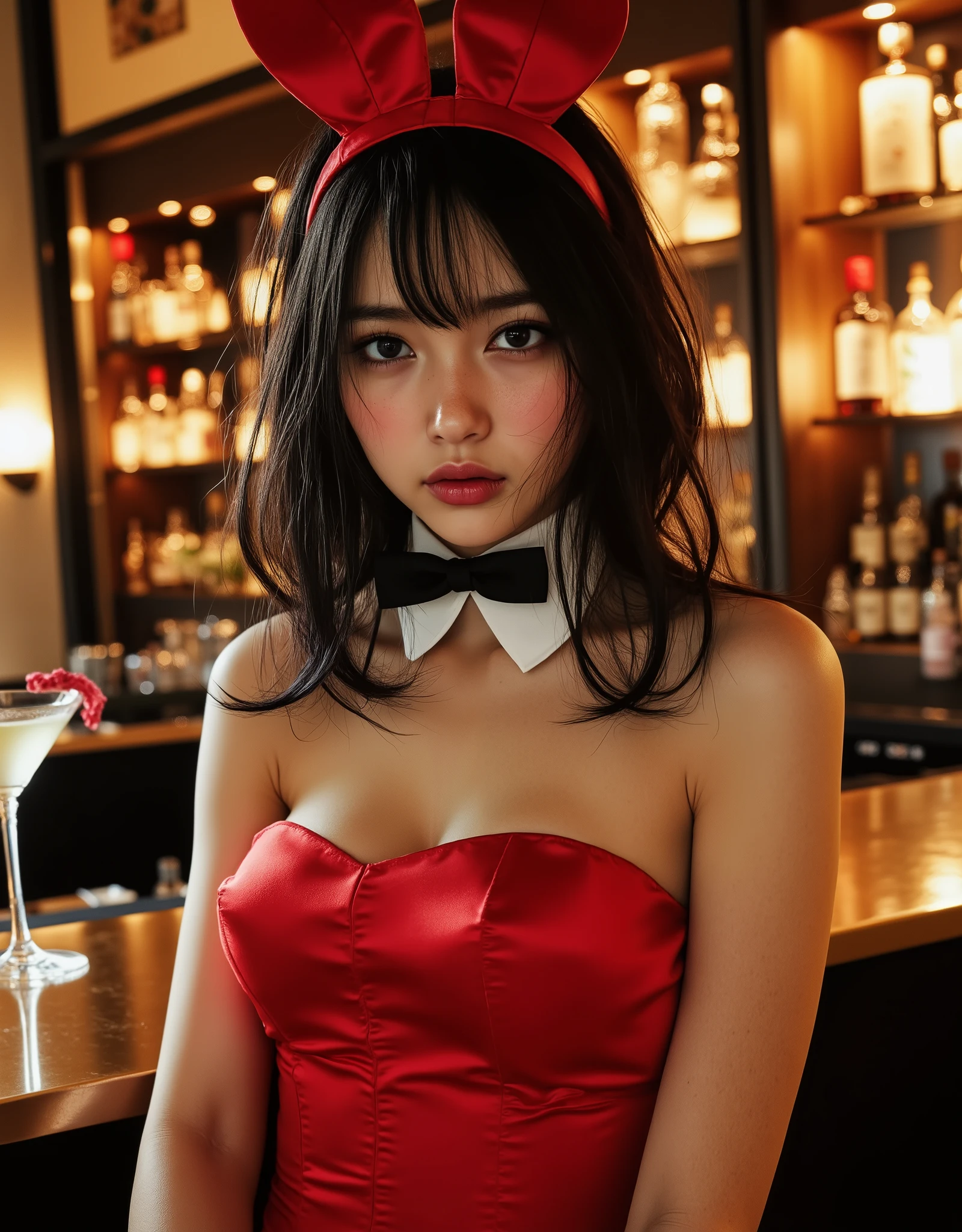 (((Anatomically accurate human structure))), (((masterpiece, Best Quality:1.4))), ((realistic, very detailed, best detailed skin, 超Hi-Res:1.4)), ((real skin texture:1.4)), ((SFW)), realistic写真, High Precision, absurd, Best Quality, ((face focus:1.4)), soft light on pussy, ( realistic:1.4), ( RAW photos ), (( shot from the front :1.3)), (( Shooting from the front :1.5)), (( upper body shot above the knee :1.5)), ( full body shot on one side:1.2), (The beauty and appeal of Japan's top actresses), studio light, Gentle Light, (Professional bright lighting), Shallow Depth of Field, (surreal), (Awareness-raising), (Hi-Res), (32K), ((Photorealistic:1.5)), (very detailed), (beautiful fine details), (Best Quality), (Super Detail), (wallpaper), (detail face), (beautiful smile), (beautiful expression), (Gradient Light Brown Fluffy Medium Hair), ( has bangs), ((1 subject )), ((Alone)), ((A very cute 22-year-old Japanese girl:1.5)), ((Pretty pretty and cute face:1.3)), ((Height: 160cm, Slim and slender)), (((Wearing a Red Bunny Girl Outfit:1.5))), ((Red Playboy Bunny Girl)), ((sitting on a counter seat at a fancy bar:1.5)), ((Standing next to a fancy bar counter)), ((Red Bunny Headband, Red High Cut Leotard, red bow tie , White cuffs, Black Fishnet Stocking, red high heels :1.5), realistic skin texture down to the smallest detail, Shiny Skin, full body,((Indoor shooting at a gorgeous and stylish bar)), (Bottles of alcohol such as luxurious and famous brands are lined up on shelves), (Beautiful cocktail glass on the bar counter They are lined up), (((Sexy and attractive body))), ( slim figure), ( tight thin stomach), (thin waist), Sculpture model, Graceful posture, ((Bold, Seductive, and Sexy Poses)), camera, (brown eyes:1.9), ( Detailed depiction of extremely realistic skin ), (Highly detailed, realistic eyes:1.9), ( extremely beautiful long realistic eyelashes ), (Highly detailed, realistic eyebrows), (丸いbrown eyes :1.8), ( beautiful catchlight on the eyes), (Realistic lips with moisture ), (White Realistic Teeth Arrayed Neatly), ( Beautiful and Detailed Face :1.6), ((There are cases where you can see a clean underarm by putting one hand behind your head)), (((camel toe))), (((A very cute smile with just a few teeth visible:1.5))), ((Very sexy cute smile :1.3)), (( show your hands as little as possible )), Show off your legs as little as possible , (Very sexy), (((camel toe))), ((beautiful shaped realistic breasts)), ((My armpits are sweaty)), (My cleavage is sweaty ), (My crotch is sweaty), (The groin is nice and smooth), (My armpit is clean and smooth ), (Accurate hand shape), (Accurate finger shape ), leg shape accurate , foot shape accurate, Eliminate extra legs , (5 fingers on one hand ), Eliminate extra hands , Eliminate extra arms , Eliminate extra legs , Eliminate extra legs , Eliminate extra fingers , Eliminate fingers that are too long , Ensuring accurate human body structure and balance, ((( others don't show any part ))), ((Show off your legs as little as possible :1.2)), (( color temperature 5500K ))