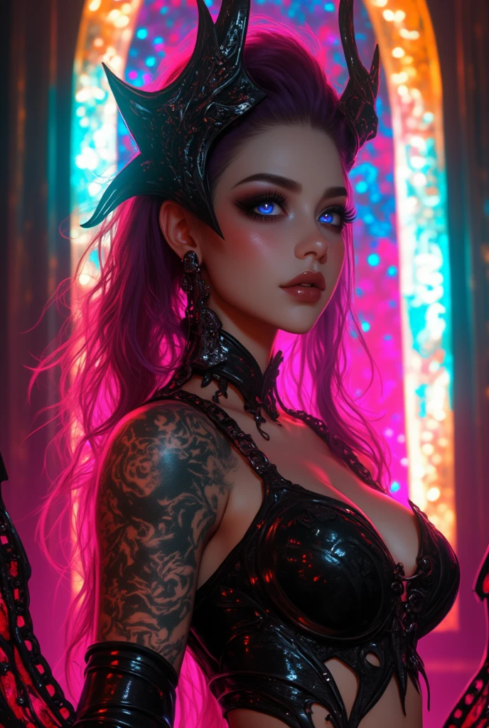 (sportrait, close up, head-shot), evelina, 1 girl, a 3D render, cosmetics, hair-bun, yellow-eyed, Black bra, Bedrooms, White hair, Collar, long whitr hair, Purple Cream Jacket, tmasterpiece, a garter belt, White sclera, hoop earings