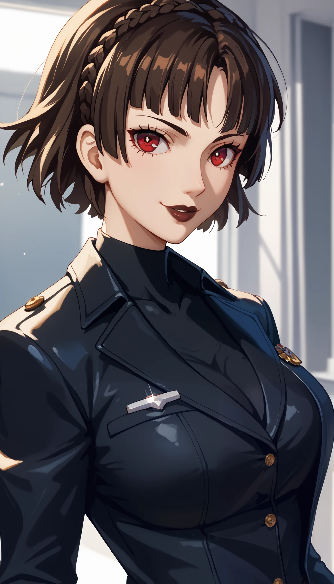 (((Perfect figure,figure,solo,white and soft skin,(((Makoto niijima Office uniform clothes, black jacket ))),((Makoto niijima, short hair, black hair, bright red pupils, brown lipstick)),high resolution, ((Best quality in the best)),masterpiece,quality,Best quality,(( Beautiful facial features,Looking at the viewer,There is light in the eyes,(((Smile,believe (self))),)),型figure:1.7),(((Light and shadow,Big breasts)),(((Looking at the camera))