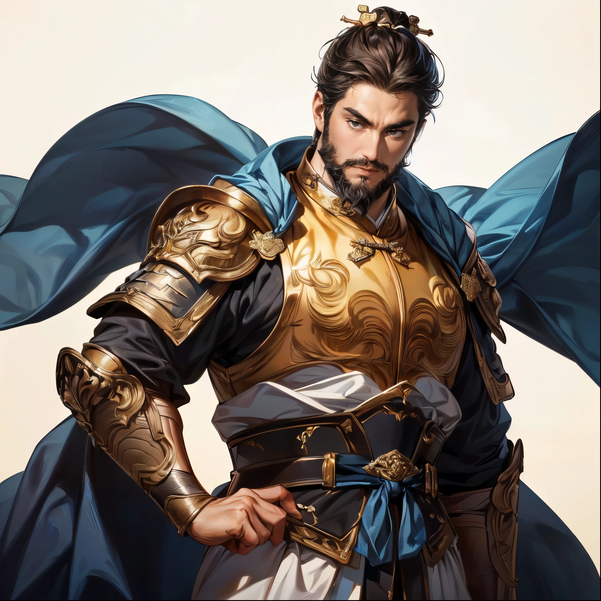(Best Quality,4K,8k,Hi-Res,masterpiece:1.2),super detailed,(super fine illustration),(((One Man in Armor))),20 years old,Heroes of the Three Kingdoms,beautiful face,Small face,Perfectly symmetrical face,dandy, detailed eyes :1.3, perfect eyes,(( Attractive Dark Eyes :1.3)),(((ancient Chinese dark hair:1.3,A beautifully cut beard ,Van Dyke:1.2))),((Full of ambition, well-trained body)),cinematic lighting, soft shadows,((ancient Chinese golden armor with gold engraving leading to detailed works of art:1.3,black war robe with prominent gold embroidery on top of the armor:1.3,Acrobatic pause:1.2)),((cowboy shot:1.2)),(( WHITE BACKGROUND :1.3,simple background:1.3)),(( standing:1.3,depicted so as not to be seen from the tip of the head:1.3,Distant view:1.2),from above
