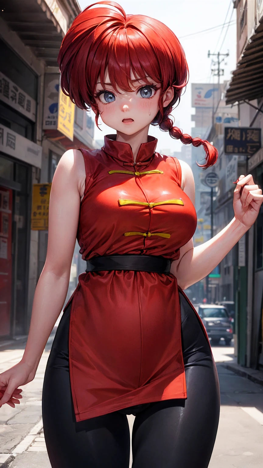 ((Ranma-chan: 5)) Best Quality, Ultra High Resolution, Masterpiece, (Realisticity: 1.6), 16K, (1girl with open belly button), white stockings, rainforest, flowers, braided ponytail, single ginger braid, school uniform, (underboob), big breast