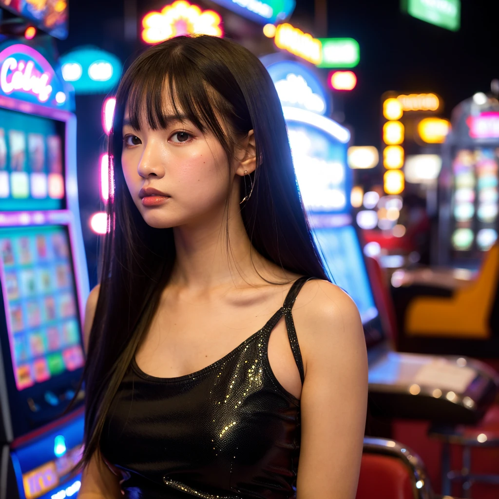 1 girl, casino dealer, Against the background of the casino, child's face, small breasts, very short skirt, sleeveless leather corset, beautiful, long hair, god, Brown hair