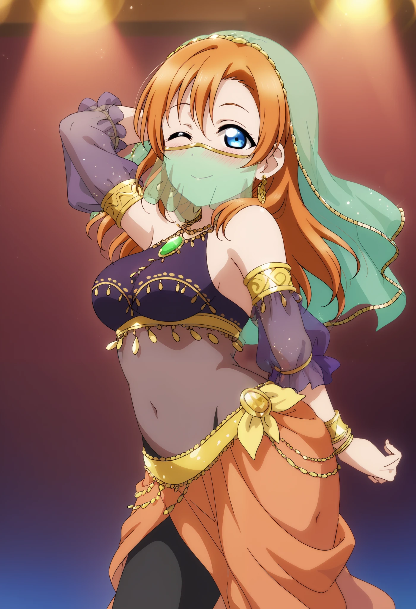 (best quality,highres,masterpiece), Hoshizora rin , orange hair, yellow eyes, breasts, smile, navel, cleavage, strapless, jewelry, NSFW, thighs, earrings, one eye closed, armpits, arms up, see-through, gradient,tattoo, veil, arms behind head, pelvic curtain, armlet, thighlet, pubic tattoo, dancer, harem outfit, moist shiny skin , love live style