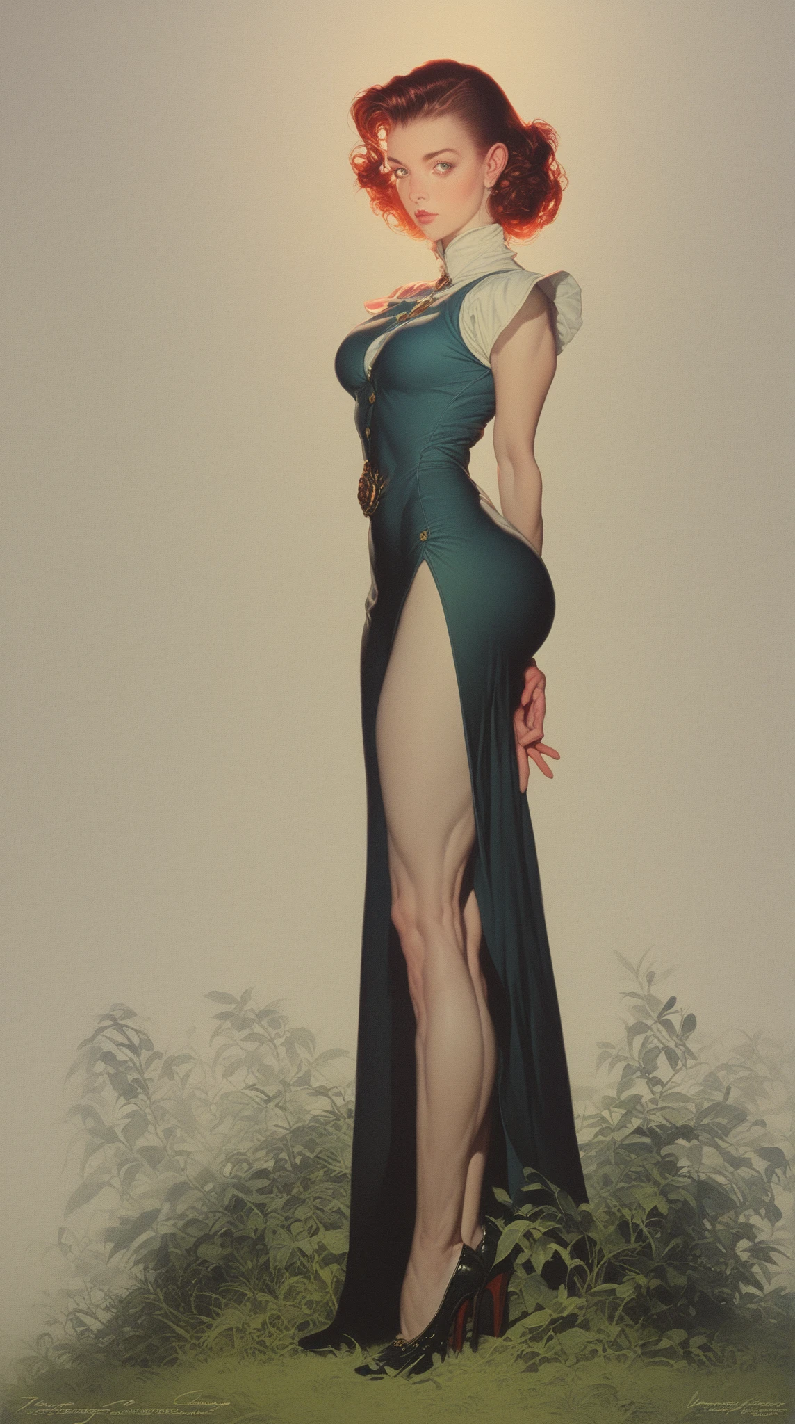 (Huang Li,high resolution,Super detailed,Unique),1 girl,Pure white background,Full body standing,elder sister,period,Elegant and sophisticated,On cheongsam,sleeveless,fair,Attractive, high heels, (Nude:0.9)