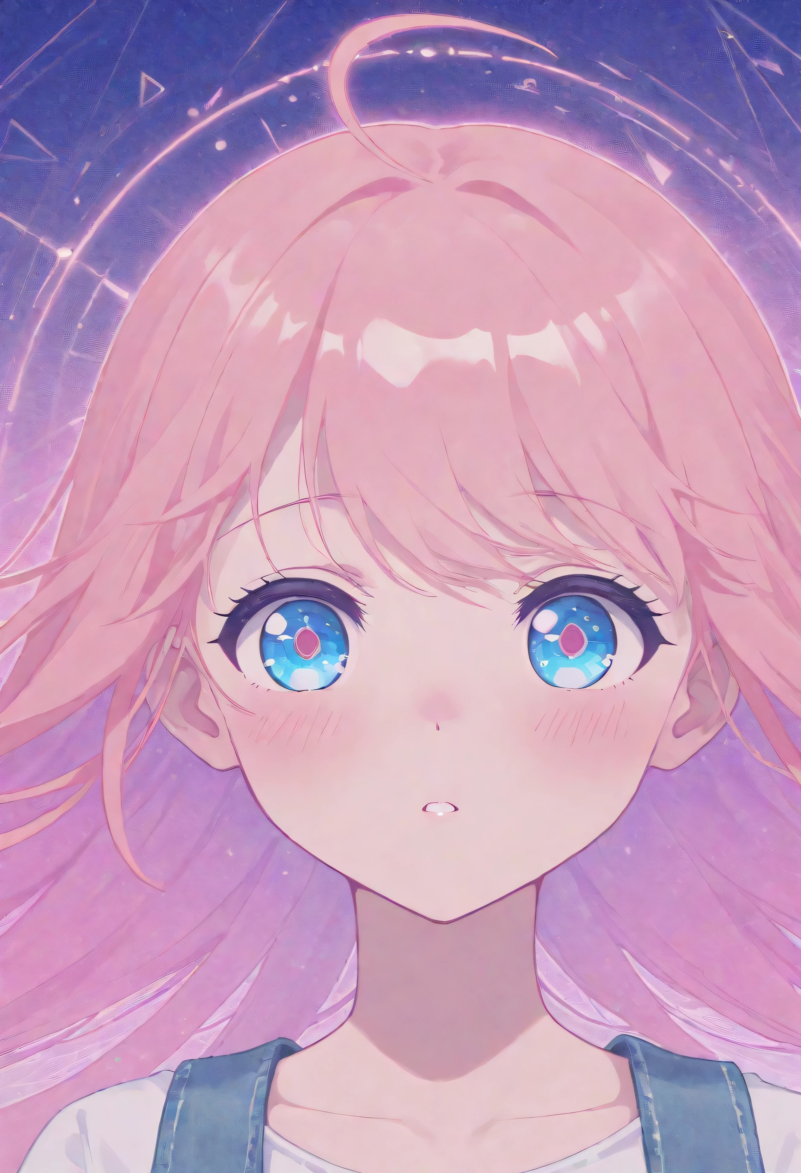 "A surreal, minimalist portrait of a young woman with large, expressive blue eyes and soft pink blush on her cheeks. Her face is stylized with smooth gradients of pastel tones, blending soft lavender, pink, and white. Her hair flows into abstract, geometric shapes that seamlessly merge with the negative space, creating an illusion of fluidity. The art style is modern, dreamy, and futuristic, with a focus on simplicity and elegance. The expression is calm and slightly mysterious, as if gazing into the distance. The overall aesthetic is ethereal and visually striking, with a soft glow and a sense of serenity."