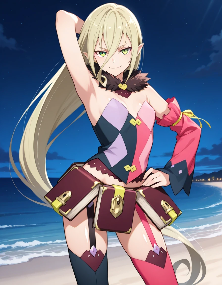 M4gil0u, green eyes, pointy ears, blonde hair, very long hair, hair between eyes, fur collar, multicolored vest, strapless, detached sleeves, mismatched sleeves, book skirt, asymmetrical legwear, thighhighs, garter straps, anime screenshot, shiny skin, high quality, solo, night sky, beach, hand behind head, hand on hip, ((contrapposto)), closed mouth, cowboy shot, looking at viewer, smile, best quality