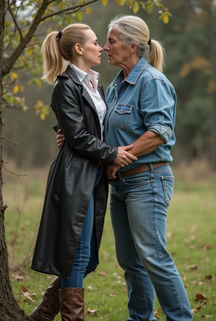 Busty elderly woman,sucking the head of the horse's penis