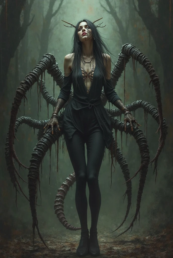 a woman with chains around her body and a chain around her neck, dark demonic dancer, snake woman hybrid, dark goddess with six arms, covered with tentacles, lilith, ((chains)), wearing witchblade armor, holy cyborg necromancer girl, lolth, samurai chains ink undead