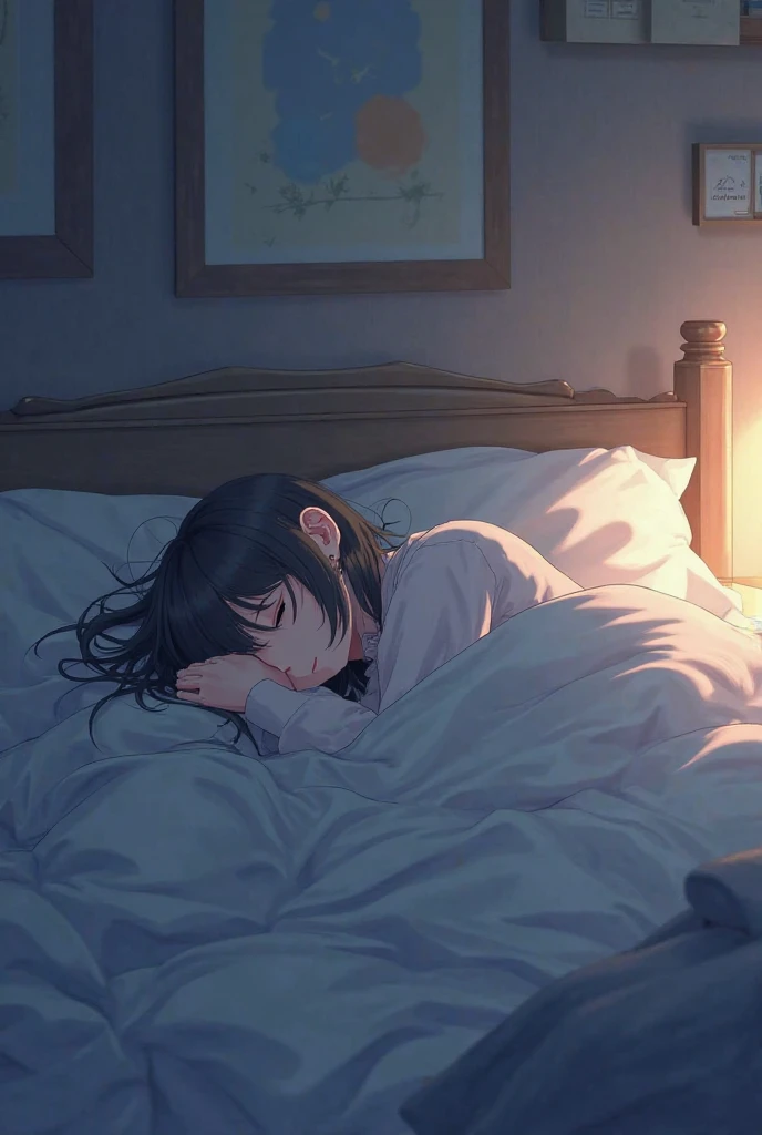 she is sleeping in bed. cute. eyes closed. night. Inside a dark room.