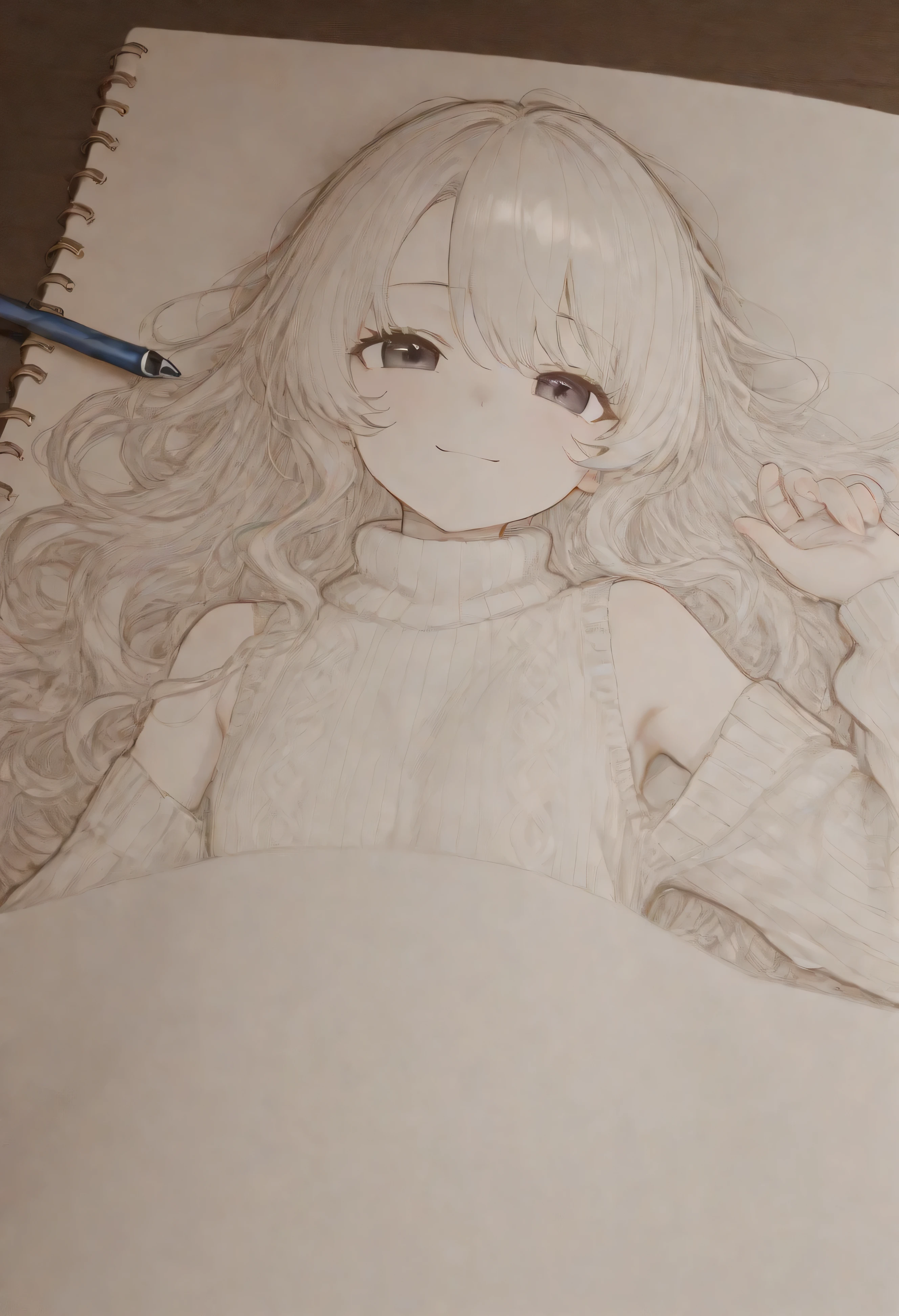 A detailed pencil sketch of a young girl with large, expressive eyes, lying her head on an open book. Her gaze is soft and thoughtful, with a slight, serene smile. Her wavy hair is slightly messy, with strands curling naturally around her face and shoulders. She wears a cozy sweater, and the texture of the fabric is subtly rendered. The shading technique is smooth and precise, with delicate hatching and soft gradients adding depth to her features. A mechanical pencil is placed above the sketch, emphasizing the hand-drawn nature of the artwork. The background consists of a textured sketchbook page, with faint text from another page visible underneath, giving the image an organic, artistic feel.
