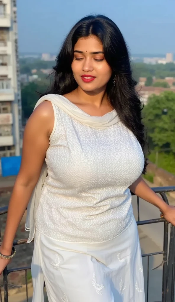 Generate a hyper-realistic image of a beautiful and hot Indian chubby bhabhi with the following features:
Style inspired by Vyjayanthimala and Rekha
Age 25
Realistic body skin
Brown eyes
Moles on her lip
High-quality, RAW photo, 16K resolution, HDR (1.4), high contrast
Masterpiece, beautiful and aesthetic
Realistic, photo-realistic (1.3)
Wearing a tight black kurta and white pajama, sexy pose
Her hair is styled in a bun
Adorned with a necklace and bracelet
Light lipstick
Hand in pocket
Gazing away from the camera
Casting a perfect shadow on the ground
The scene is set under the night sky, illuminated by street lights, with buildings and a light pole in the background. The image should focus on the full body of the woman, emphasizing her large breasts and blue eyes, with the tight black kurta and white pajama accentuating her figure. Ensure the image is top quality, best quality, and official art, with beautiful and aesthetic elements emphasized (1.2).