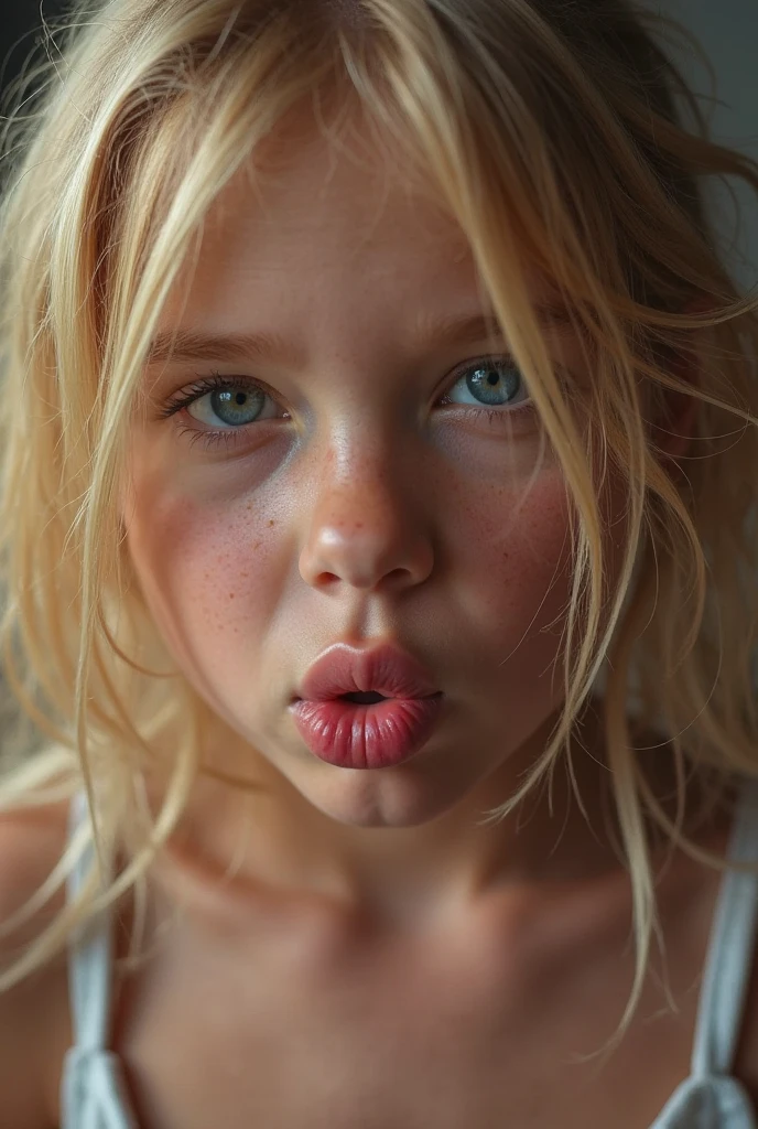 Young blonde girl with freckles, sticking out her tongue, wearing a skirt and her bikini showing underneath. Her eyes look at the camera and she bites her lips