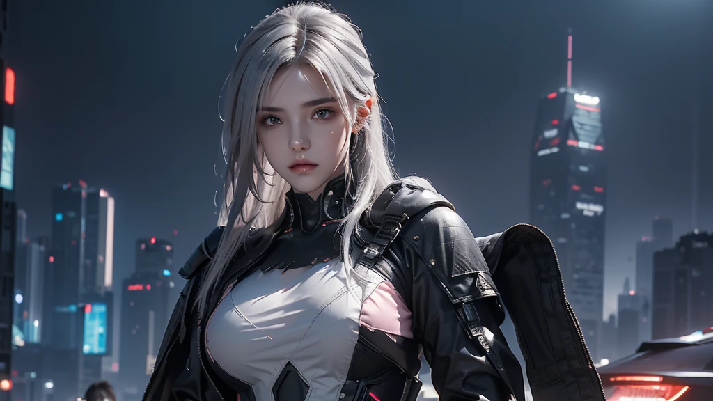 masterpiece,best quality,high resolution,8K,(Portrait Photos:1.5),(R Original Photo),The real situation,Digital Photography,(Combination of cyberpunk and fantasy style),(Policewoman),,Feel free to hairstyle,white hair,Purple Eyes,By Bangs,(red eye breasts, Accessories,shut your mouth,Elegant and charming,Serious and arrogant,Calm and handsome,(Cyberpunk meets fantasy style clothing,Hollow carving design,Large Breasts,Photo poses,Realistic style,Gray World Background,oc render reflection texture,futuristic city,Medium distance photography
