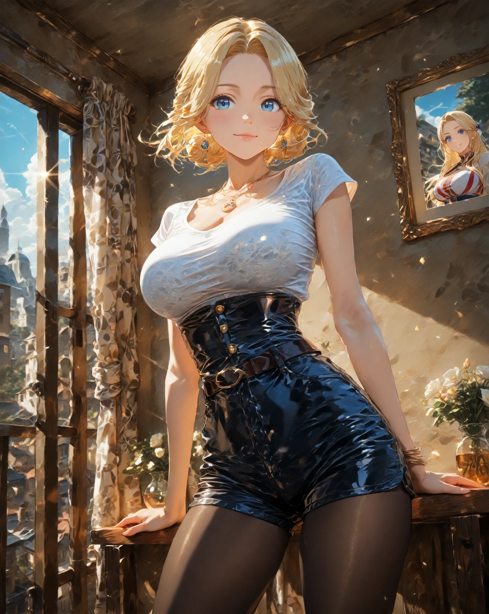 ((best quality)), ((masterpiece)), (detailed), 1girl, 8k_wallpaper, extremely detailed eyes, (large masterpiece digital art), (intricate details:1.3 ), (ultra-detailed:1.3), (sharp focus:1.3), (natural lighting:1.05), (vivid colors:1.3), (best quality:1.4), high quality, expressive cold cruel eyes, full body, detailed face with cold cruel features, ((blonde hair)), (gold eyes), {{dark skin}}, ({dark skinned female}), big breasts, huge chest, outlines of nipples under clothing, powerful strong and prominent muscles of the abdomen and legs, powerful arm muscles, a hard serious look, a predatory half-smile, she is wearing an open blue coat with gold shoulder straps with rolled up sleeves, a red tight shirt, short denim mini shorts, short Victorian style boots, she sits on a white armchair in the middle of a wide open veranda with modern Chinese furniture and interior against the background of a view of the night city, in the style of cyberpunk and fantasy,