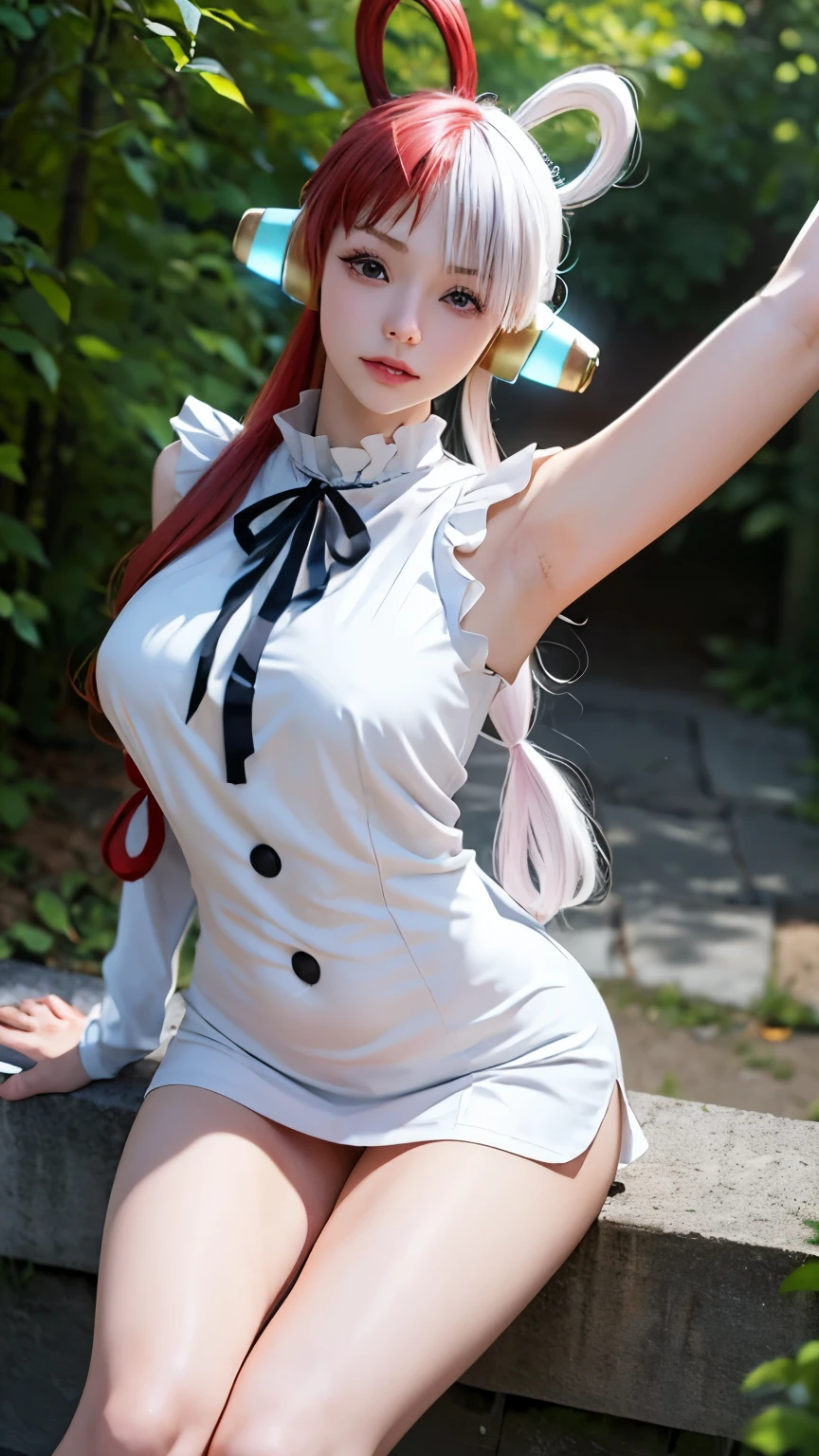 masterpiece Uta, one piece \(series\), Anime art style, masterpiece, Elegant white dress, Long red and white hair, One girl, alone, headphone, Red eyes, Looking at the audience, Beautiful Face, ((Detailed face)), Mouth closed, Photo: Central body, elbow sleeve, Eyes visible through hair, Medium chest, V-shaped eyebrows, Detailed Background, Outdoor, Beach, null, (Super detailed), (8k, Complex), (85mm), Particles of light, Day, whole body, (Very detailed:1.2), (Gradation), SFW, colorful, (Detailed Background), (The rule of thirds_composition:1.3), (Course of action:1.2), Daylight, alone, Sexy pose), show nipples in medium breasts, show vagina,, spread legs.