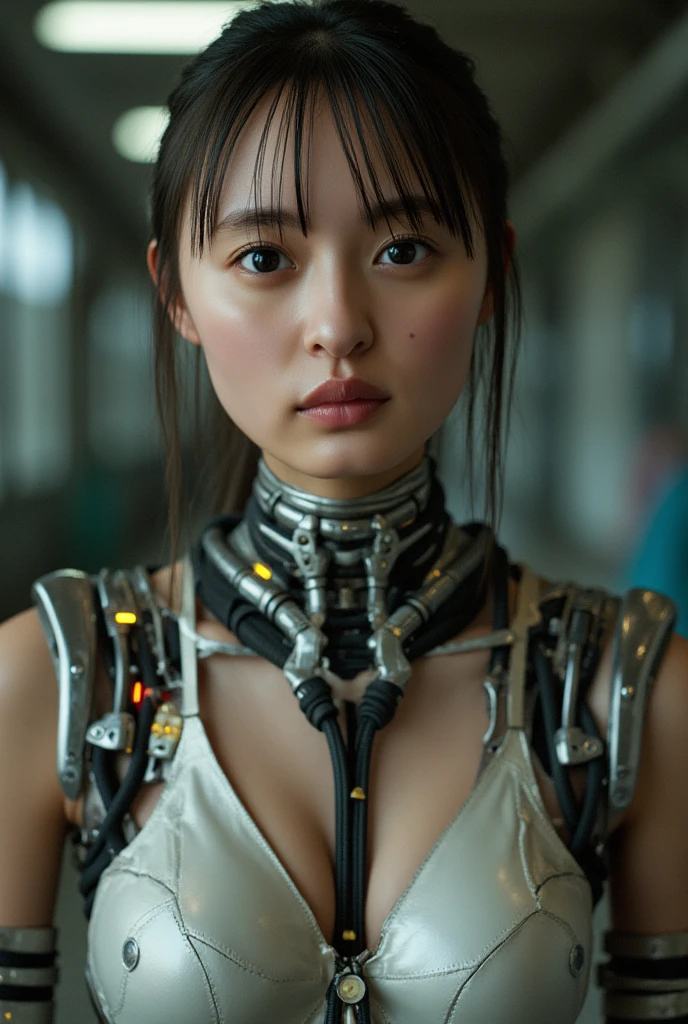 Top Quality, Masterpiece, Ultra High Resolution, (Photorealistic: 1.4), Raw Photo, 1 Girl, Black Hair, Glossy Skin, 1 Mechanical Girl, (Ultra Realistic Details)), Portrait, Global Illumination, Shadows, Octane Rendering, 8K, Ultra Sharp, Colossal, Cleavage Exposed Raw Skin, Metal, Intricate Ornament Details, Egyptian Details, Very intricate details, realistic light, CGSoation trend, purple eyes, glowing eyes, facing the camera, neon details, mechanical limbs, blood vessels connected to the tube, mechanical vertebrae attached to the back, mechanical cervical attachment to the neck, sitting, wires and cables connecting to the head, evangelion, small LED lamp,