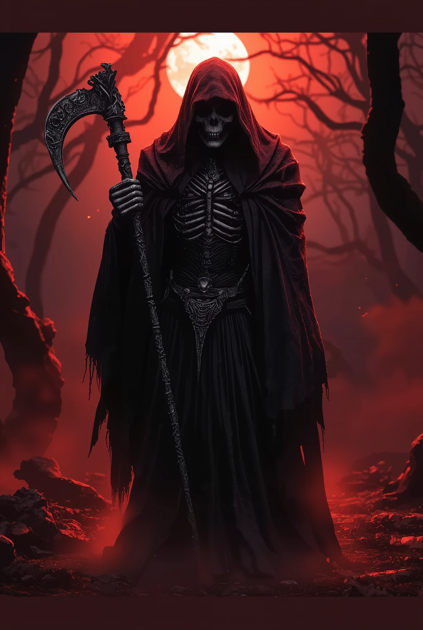 retrato, realistic, detailed, haggard face, physically realistic expression of death, grayish skin, penetrating look,  dark tunic , disaster fund,  cloudy sky , dark atmosphere, dramatic lighting,  Gothic style optics, oil painting, 4k, ultra detailed, hdr, físicamente realistic