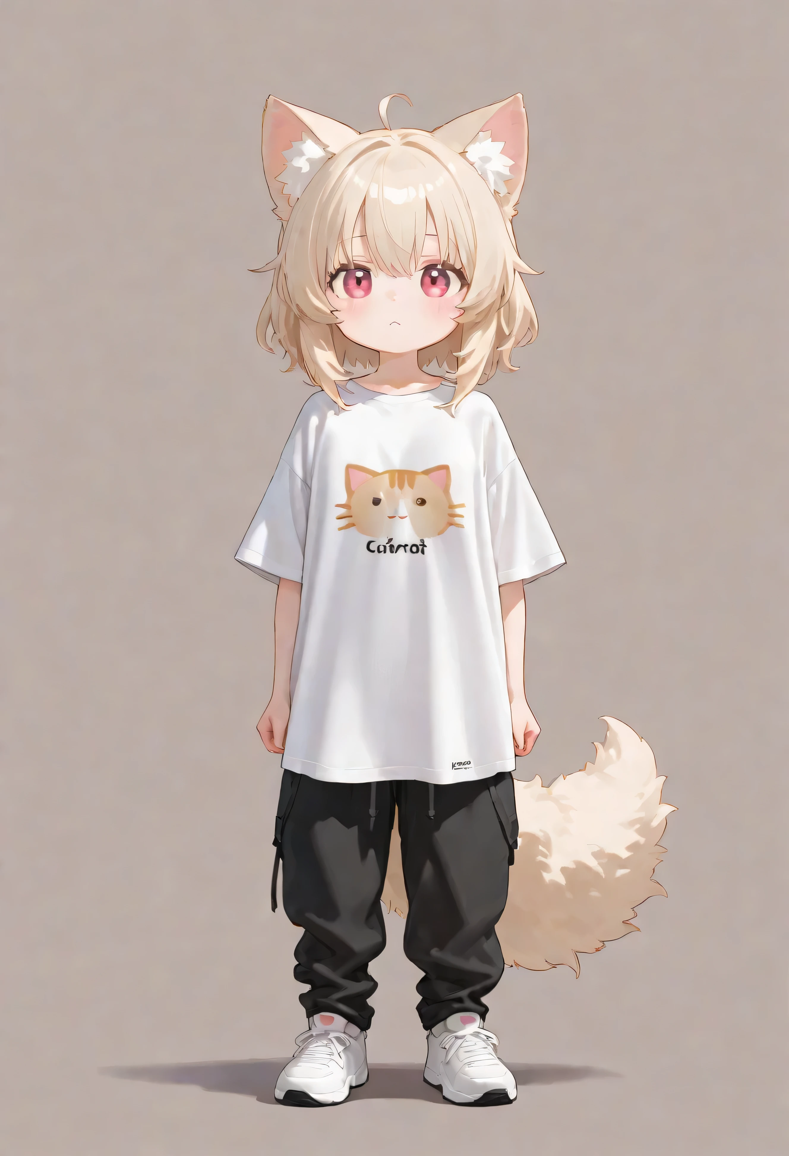 human cat girl , fluffy tail , cat ears, wearing big shirt and pants