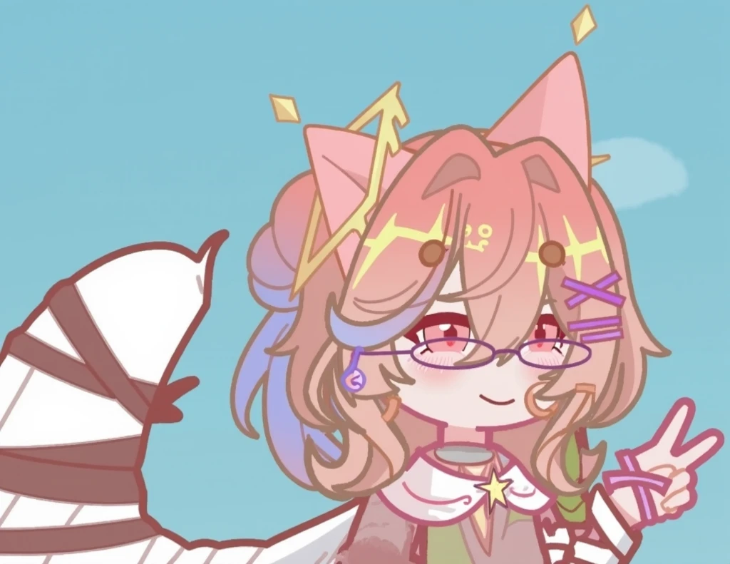 An anime girl with pink and blonde hair with blue highlights, ojos rosados, Pink cat ears with a yellow ring on the left ear, An angel's wing