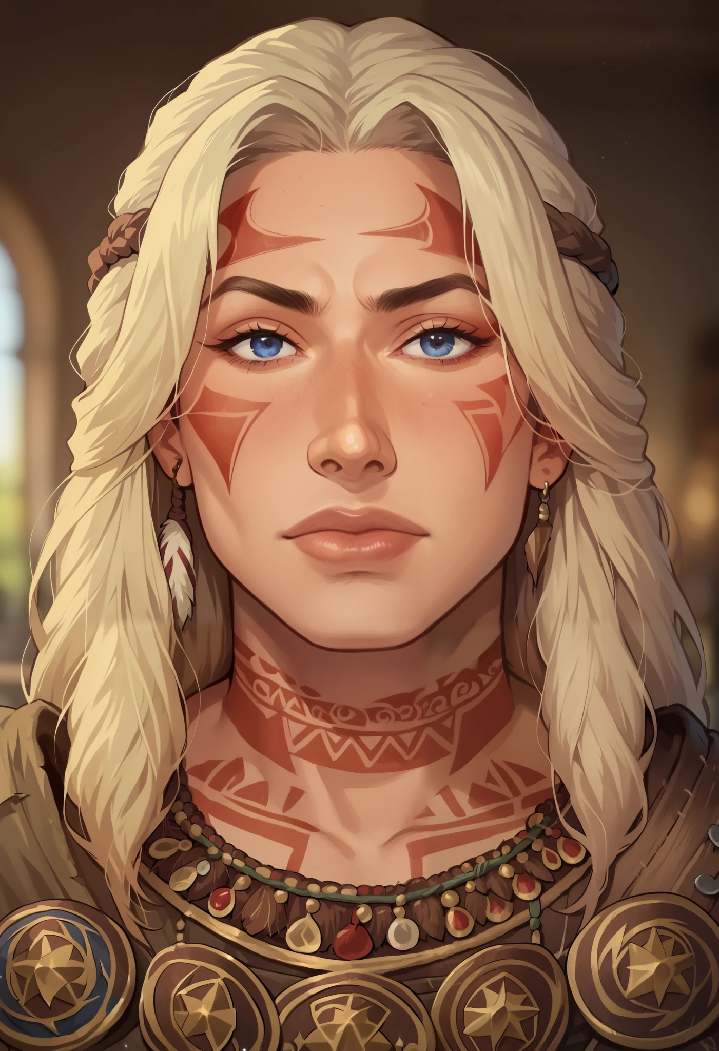 (((beautiful, high quality, comics style, detailed face))), score_9, score_8_up, score_7_up, masterpiece, best quality, unrealistically high details, extremely high quality, ultra-high detail, good anatomy, rating_explicit, perfect anatomy, anatomically correct hands:1.5, Detailed, blurred background, zPDXL3, detailxl, Score_PnyReal BREAK barbarian warrior, muscular build, fierce expression, long wild hair, fur armor, battle-worn skin, intricate tattoos on arms, standing tall, rugged, intense gaze, dark stormy background, tribal war paint on face.