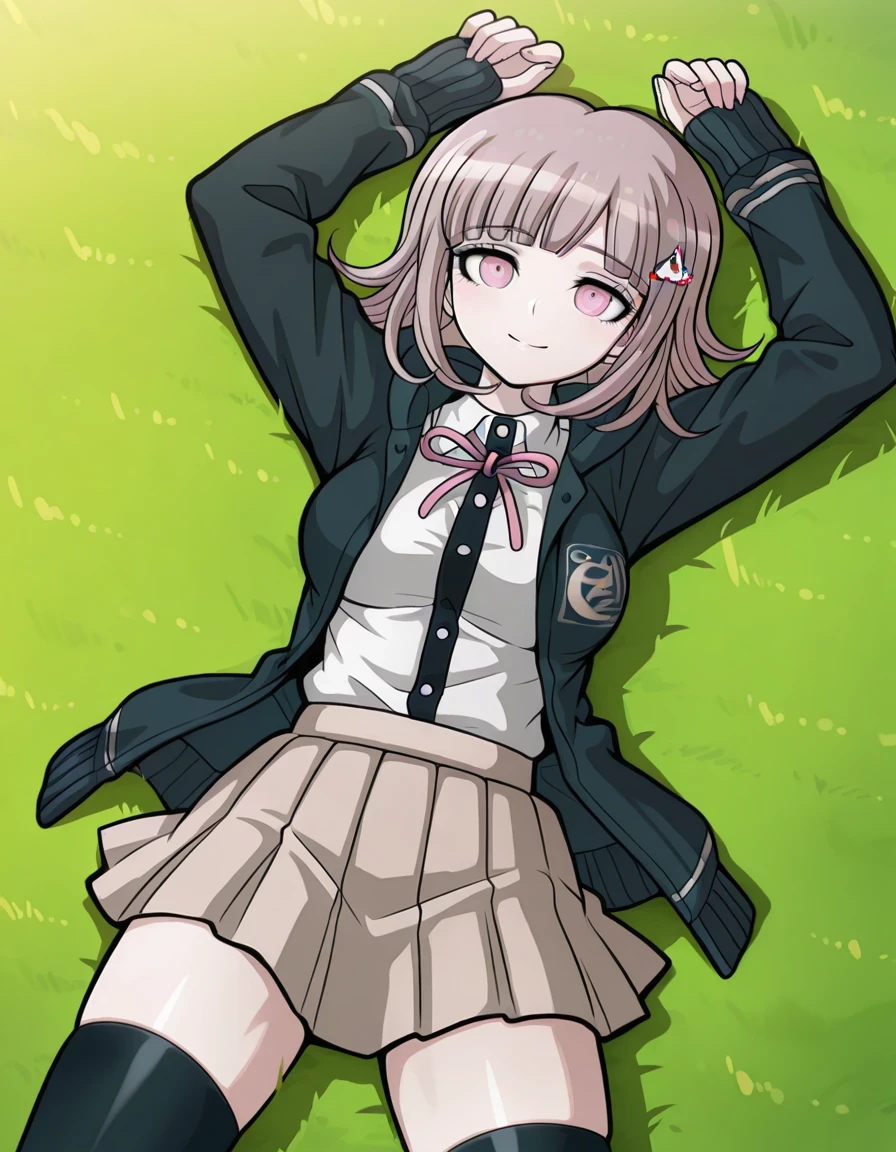 nanami chiaki, game screencap, hairclip, neck ribbon, pink ribbon, black hoodie, open hoodie, hood down, collared shirt, white shirt, two-tone shirt, long sleeves, shirt tucked in, pleated skirt, brown skirt, miniskirt, zettai ryouiki, black thighhighs, flipped hair, medium hair, light brown hair, pink eyes, bangs, shiny skin, high quality, solo, on grass, lying, on back, arms up, legs apart, cowboy shot, from above, closed mouth, looking at viewer, smile, best quality