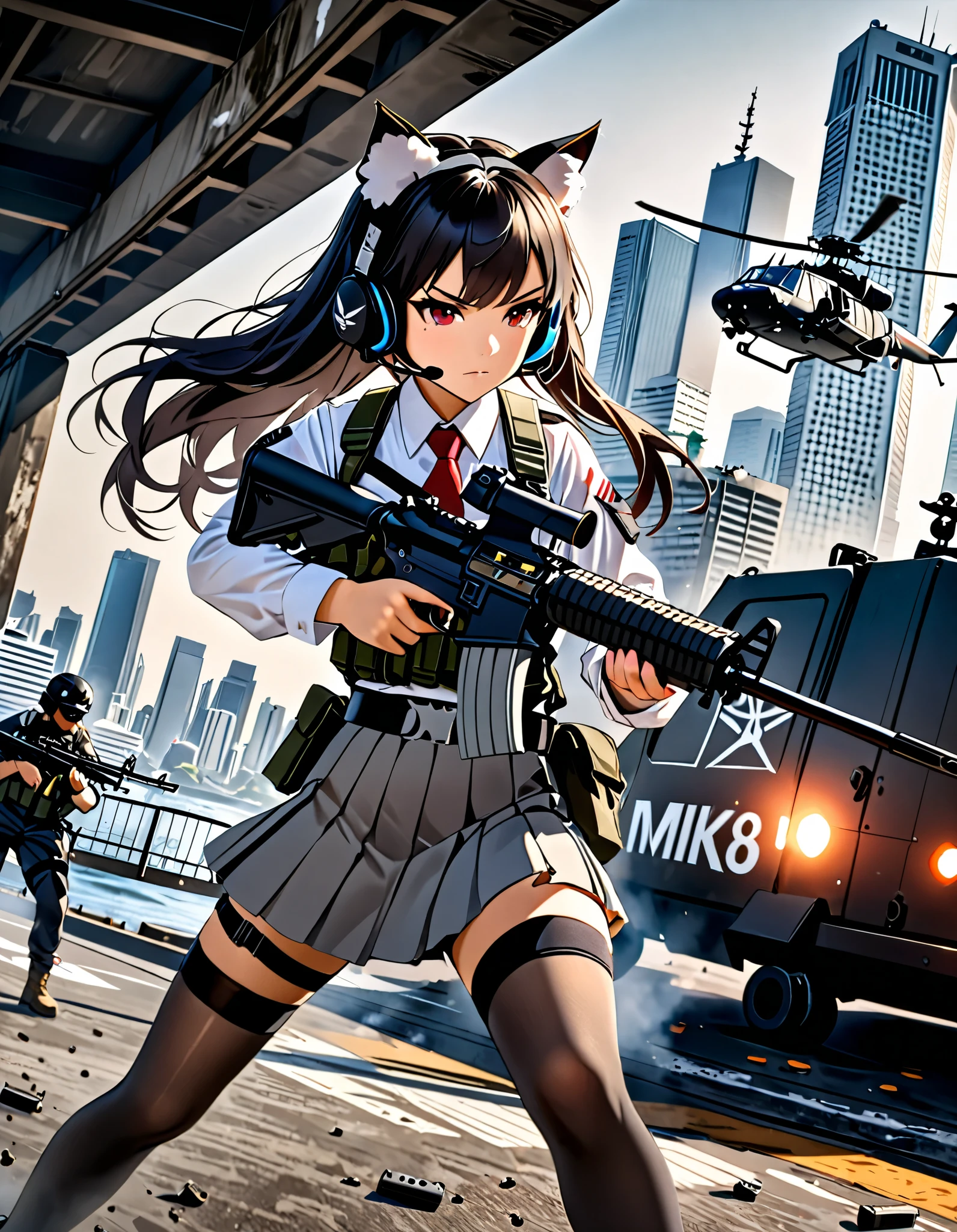 (masterpiece), (best quality), (high res), high details, 4k, 8k, solo focus, 1girl, female samurai, Japanese military officer, (cat ears:1.1, animal ears, fluffy ears:1.2), college-aged female, long hair, black hair, tactical headset, hair ornament, white-collared shirt, red necktie, shoulder holster, full dark grey tights, light grey skirt, pleated skirt, black shorts, biker shorts, (ankle-high high heel boots), (using an m16 rifle series:1.2), aggressive battle stance, Tokyo skyline, wharf, (a military helicopter hovering above:1.2), concrete ground riddle with bullet holes, dutch angle, intense atmosphere, intense expressivion. Action shot. (fix hands:1.2).