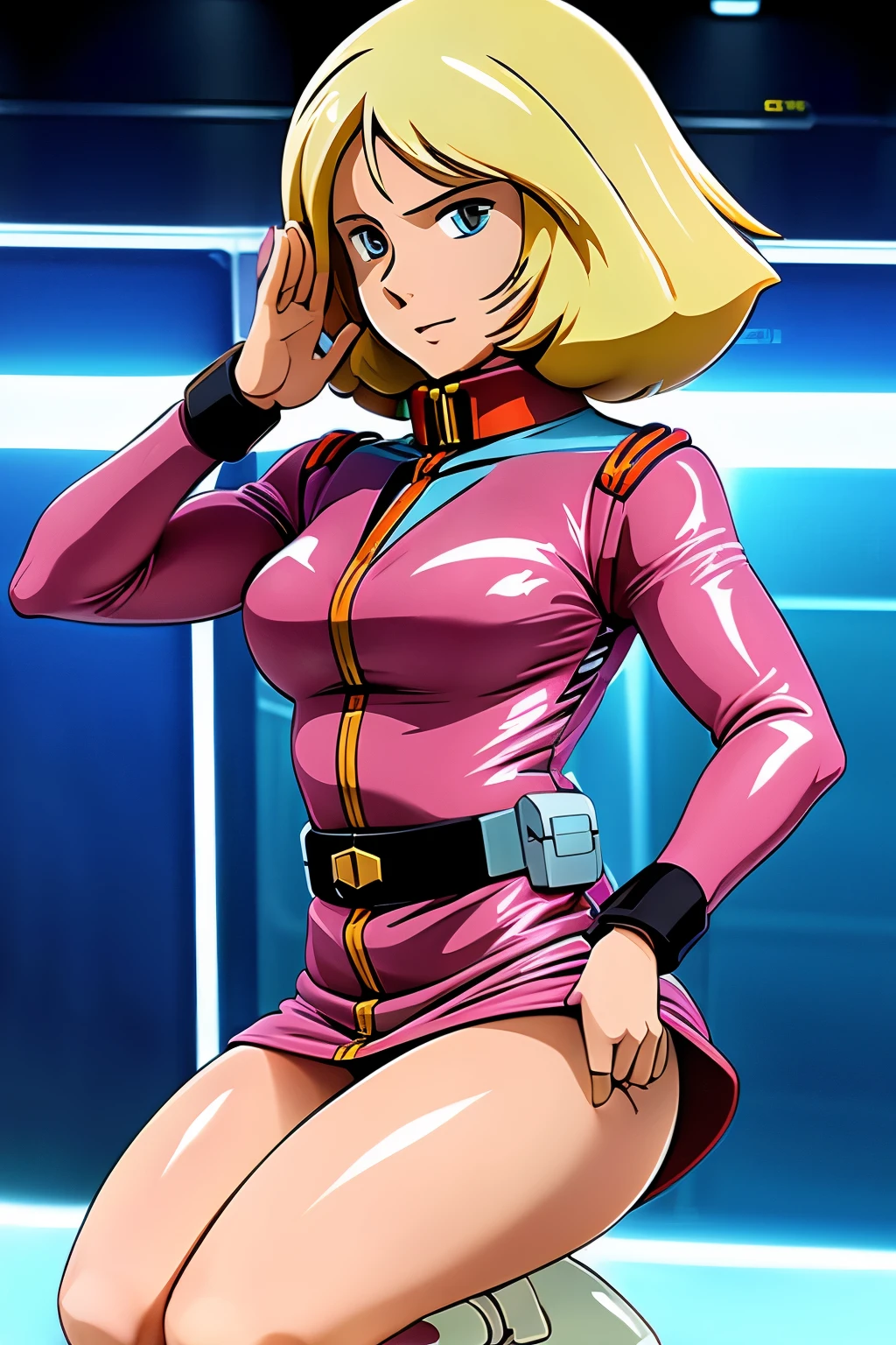 1 Beautiful Girl, Sayla Mass, Blonde Bob Cut, (Earth Federation Army Uniform:1.4), 8 heads, (The uniform is pink and white:1.7), Sayla Mass=-yeld gi (blush), masterpiece, highest quality, High resolution, With a 40-year-old mafia man, Perfect limbs, behind, Spread your legs, Beautiful depiction of the vagina, ((Binding, Rotate your arms behind your back:1.47)), ((Restrained by rope))