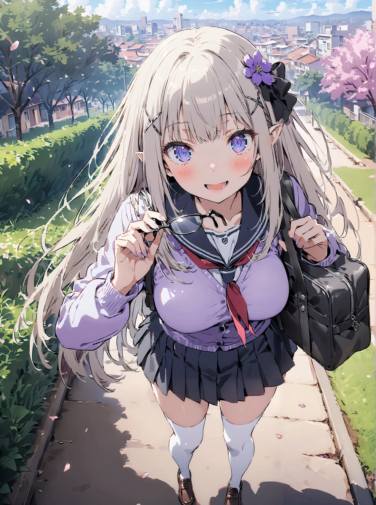 score_9, score_8_up, score_7_up, source_anime, Emilia,Alone, knitting glasses, crown knitting glasses, flower, hair flower, hair ornaments close to the garden, hair bow, long hair, pointed ears,smile,blush,open your mouth, purple eyes, white hair, x hair ornaments close to the garden, big breasts,Black sailor suit,purple cardigan, Long Sleeve, black mini pleated skirt ,white thigh high socks,loafers,School bag,Walking,morning,Beautiful cityscape,cherry blossoms,full bodyがイラストに入るように, break outdoors, residential area,
break looking at viewer,full body,
break (masterpiece:1.2),Best Quality , kampala, Unity 8K Wallpaper ,(shape:0.8),( fine, beautiful eyes :1.6),It's a person ,full body写真,CG Details , (perfect hands, complete anatomy),,
