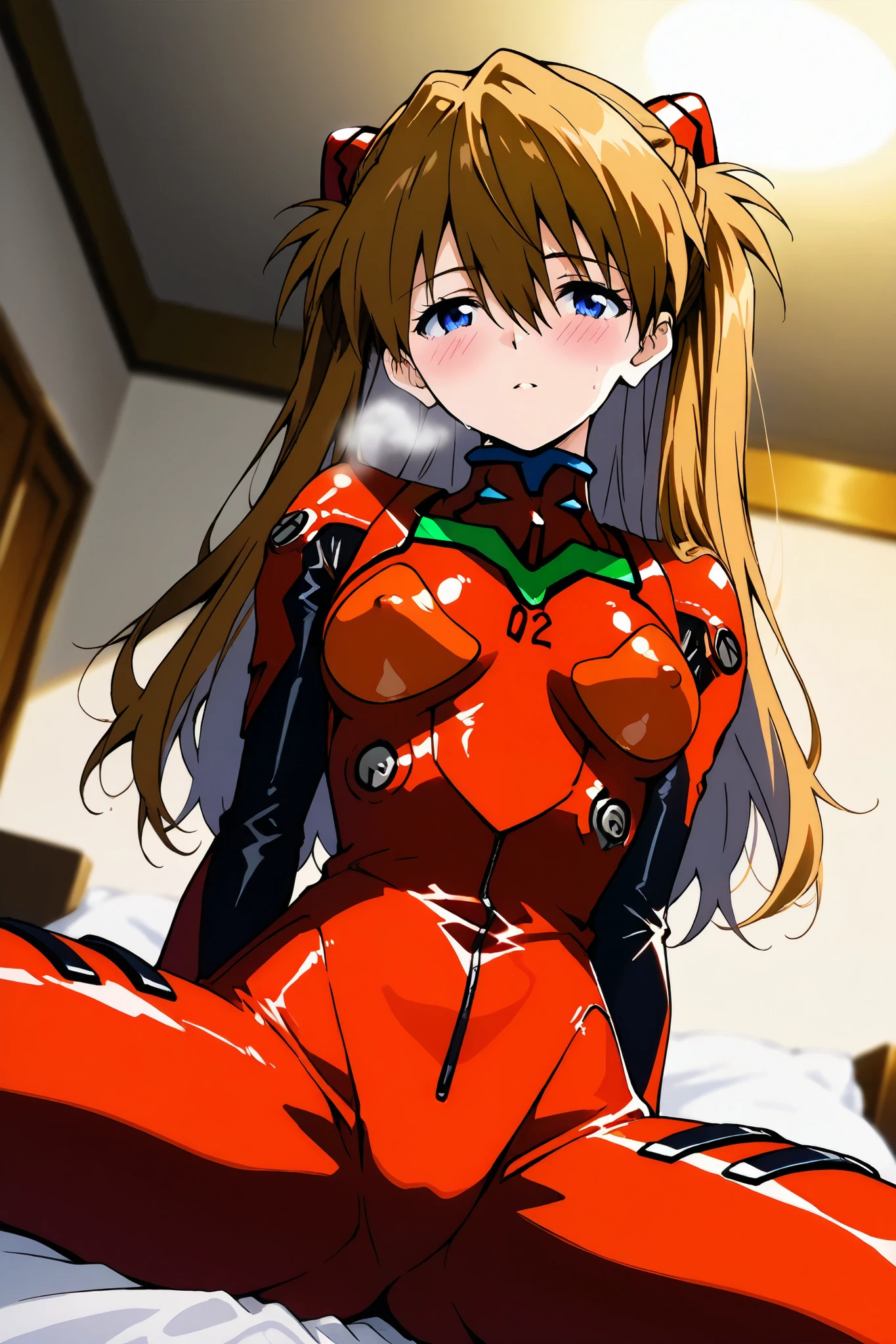 reia_kosu,1 female,solo,pretty,
asuka_langley,
brown hair,viewer,long hair,hair between the eyes,more detailed hair,colored inner hair,
blue eyes,beautiful eyes,
big eyes,slant eyes,sleepy eyes,
long eyelashes,
extreme close-up under the chest,
low angle,
sitting,cowboy_shot,spread legs,
midium breast,nipple,
looking at viewer,dutch angle,
blush,sweat,white breath,
Incontinence,ecstasy,orgasm,climax,
feelin sexual pleasure,intense breathing,
red plug suit,red bodysuit,pilot suit,
rhinoceros ensfiction,
dirty panty,
beautiful legs,thin thighs,thin calves,
nallow waist,dutch angle,
perfect face,beautiful skin,
anatomically correct,
anime,masterpiece,highest quality,
high resolution,high definition,
ultra-detailed,blurred background,
indoors,on bed,bed room