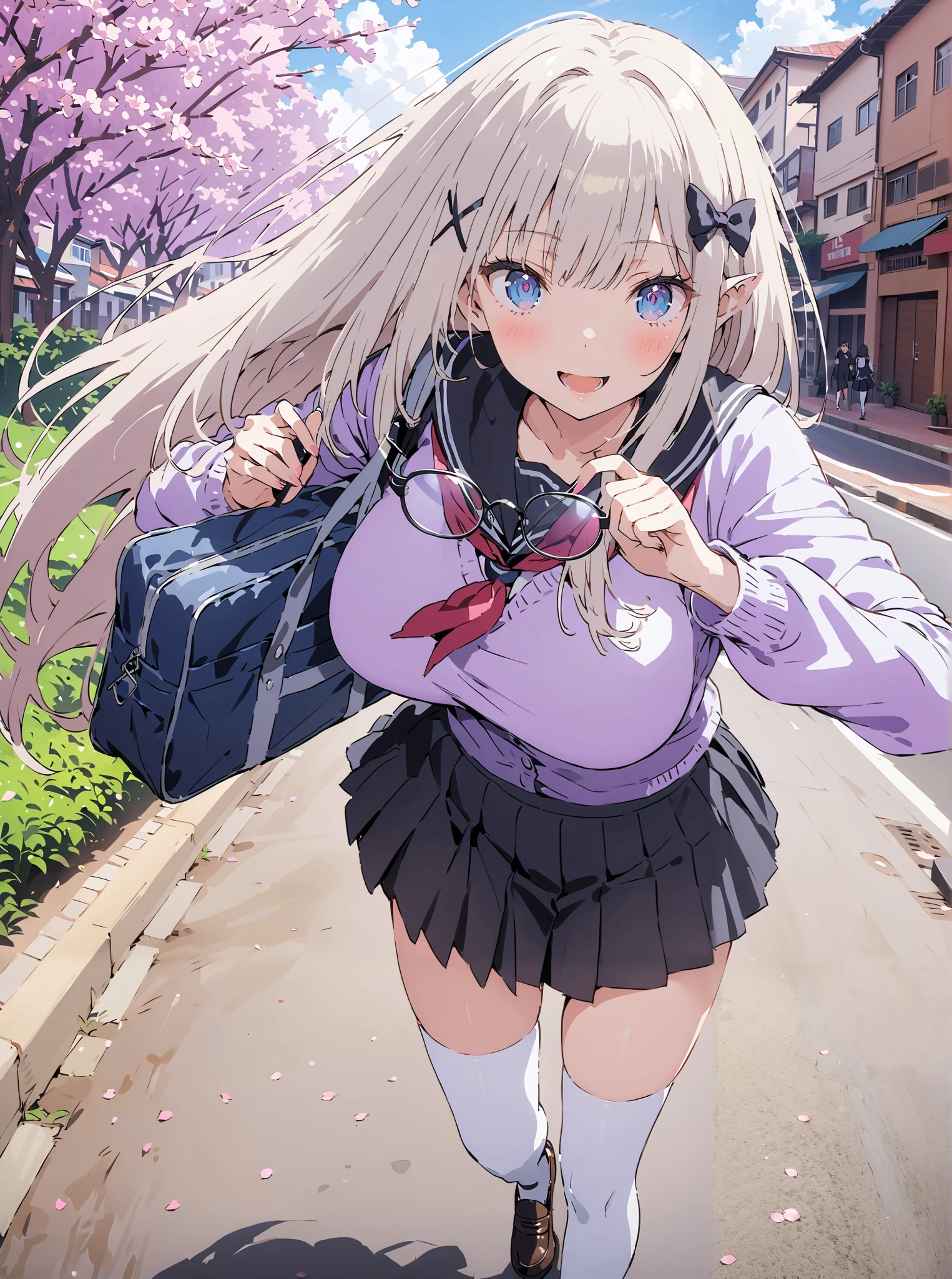score_9, score_8_up, score_7_up, source_anime, Emilia,Alone, knitting glasses, crown knitting glasses, flower, hair flower, hair ornaments close to the garden, hair bow, long hair, pointed ears,smile,blush,open your mouth,Glasses, purple eyes, white hair, x hair ornaments close to the garden, big breasts,Black sailor suit,purple cardigan, Long Sleeve, black mini pleated skirt ,white thigh high socks,loafers,School bag,Walking,morning,Beautiful cityscape,cherry blossoms,full bodyがイラストに入るように, break outdoors, residential area,
break looking at viewer,full body,
break (masterpiece:1.2),Best Quality , kampala, Unity 8K Wallpaper ,(shape:0.8),( fine, beautiful eyes :1.6),It's a person ,full body写真,CG Details , (perfect hands, complete anatomy),,